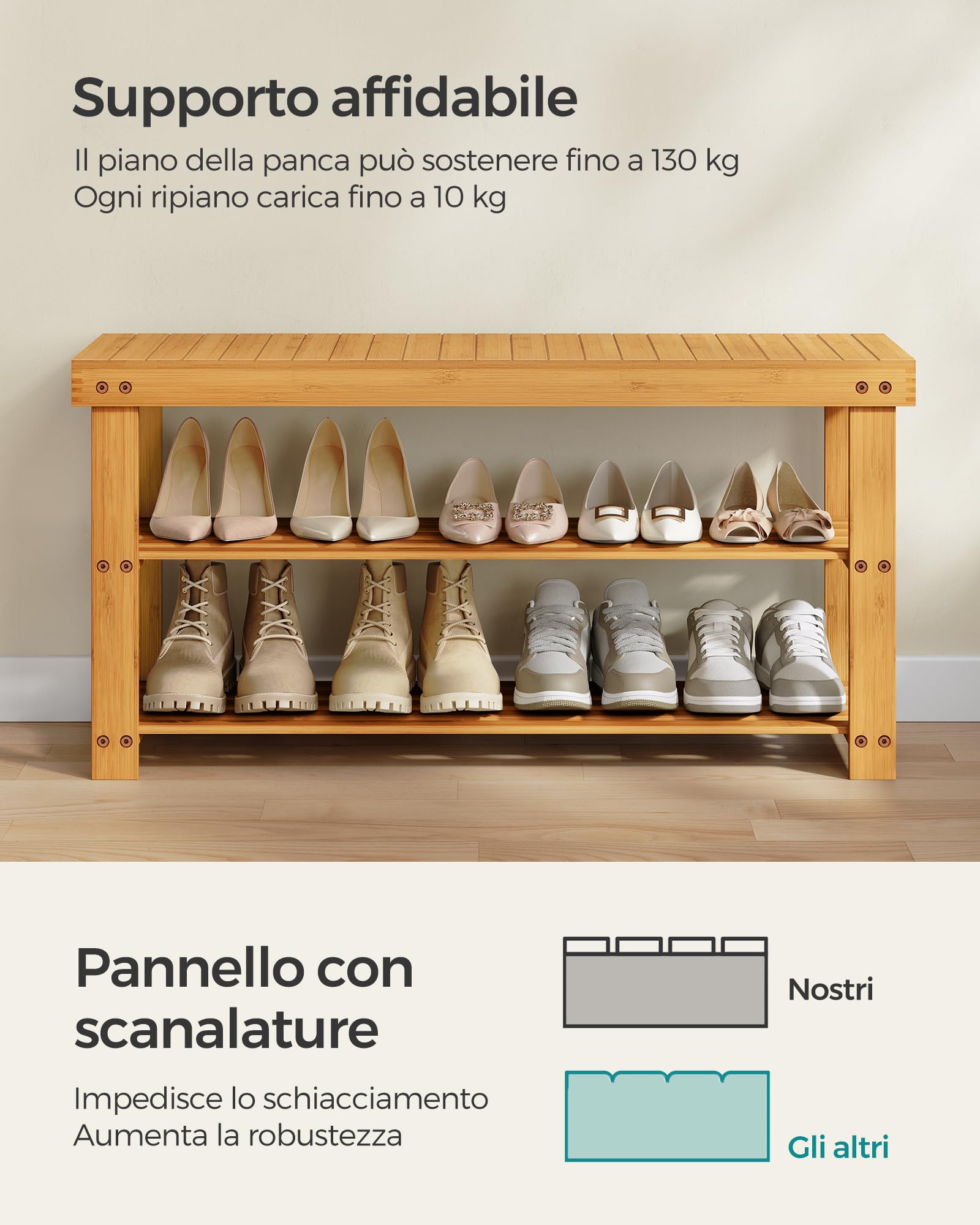 SONGMICS, Scarpiera in Bambù a 3 Livelli, Panca per Corridoio, Può Contenere fino a 130 kg, 28,7 x 90 x 45,3, Ingresso, Bagno, Camera da Letto, Naturale LBS90N, 90L cm