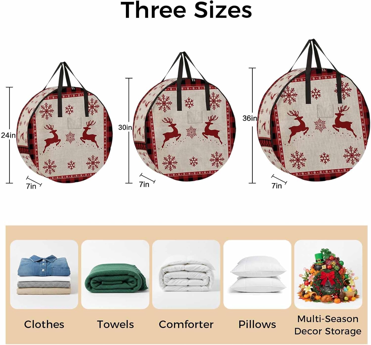 Christmas Elk Round Storage Bag 36 Inch, Snowflake Red Black Buffalo Plaid Clothes Storage Container with Handles Heavy Duty Organizer for Comforter, Bedding & Holiday Wreaths