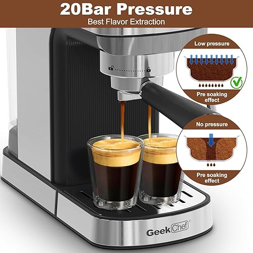 Miniatura 4 de Geek Chef Máquina de café expreso, cafetera espresso y capuchino de 20 bares, calentamiento rápido, creador de café con leche y capuchino, para el
