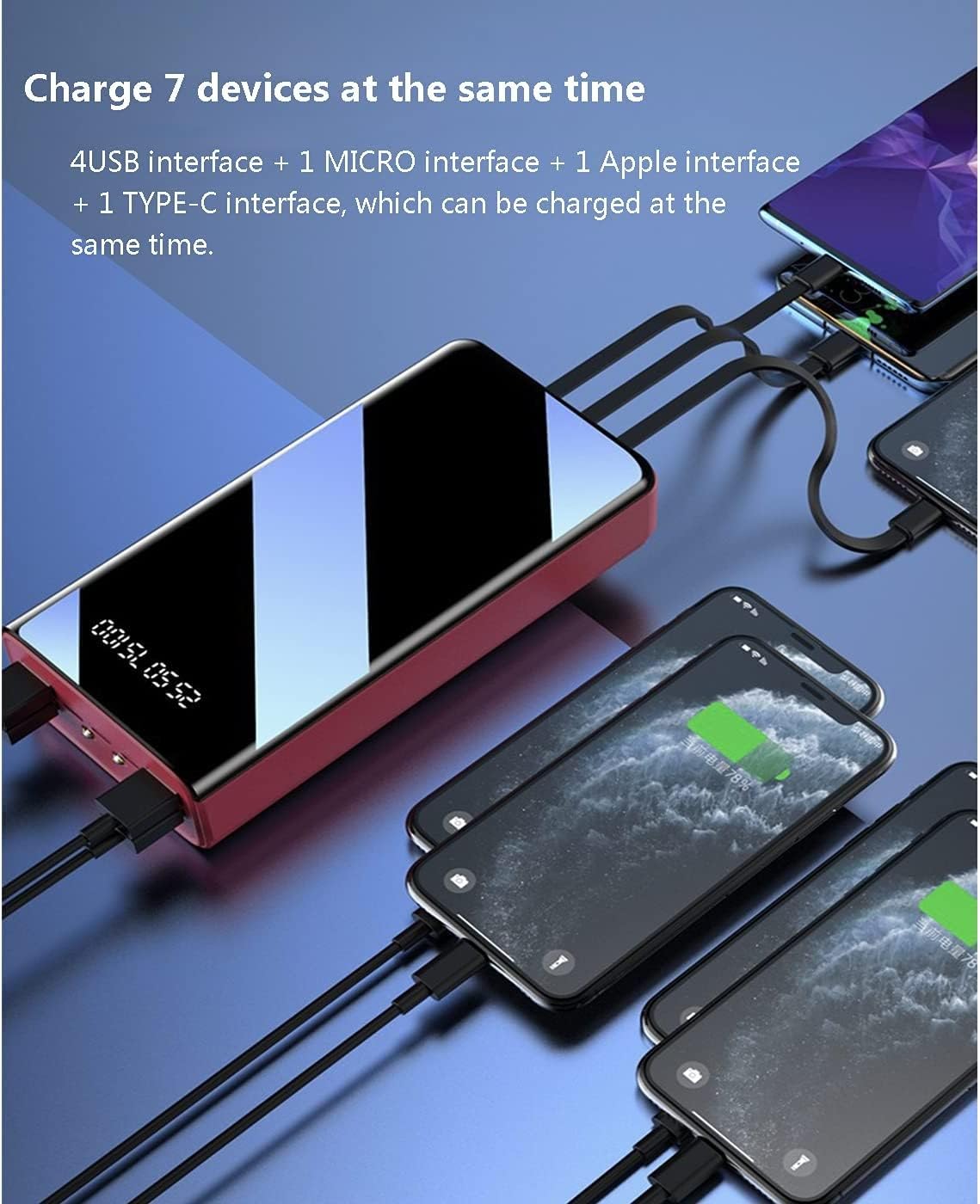 Banco De Energía Del Cargador Portátil 50000 Mah Paquete De Batería De Gran Capacidad Cables De Carga Incorporados Puede Cargar 7 Dispositivos Para Teléfonos Inteligentes, Tabletas, Consolas De Juegos