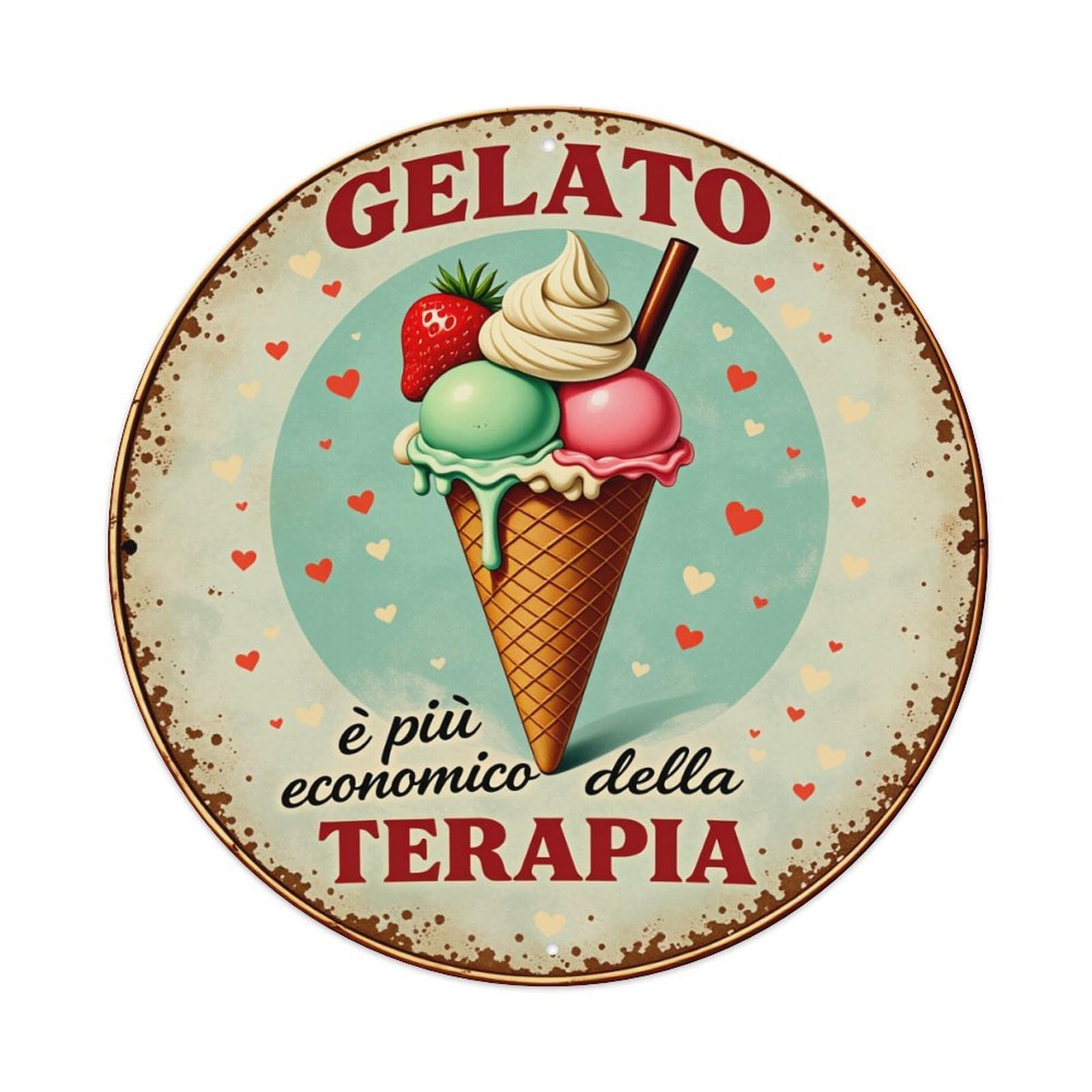 Gelato Cone Strawberry Mint Pink Round Tin Sign Vintage Style Metal Sign Home Bar Garden Wall Plaque Decor Metal Poster 8x8 Inch