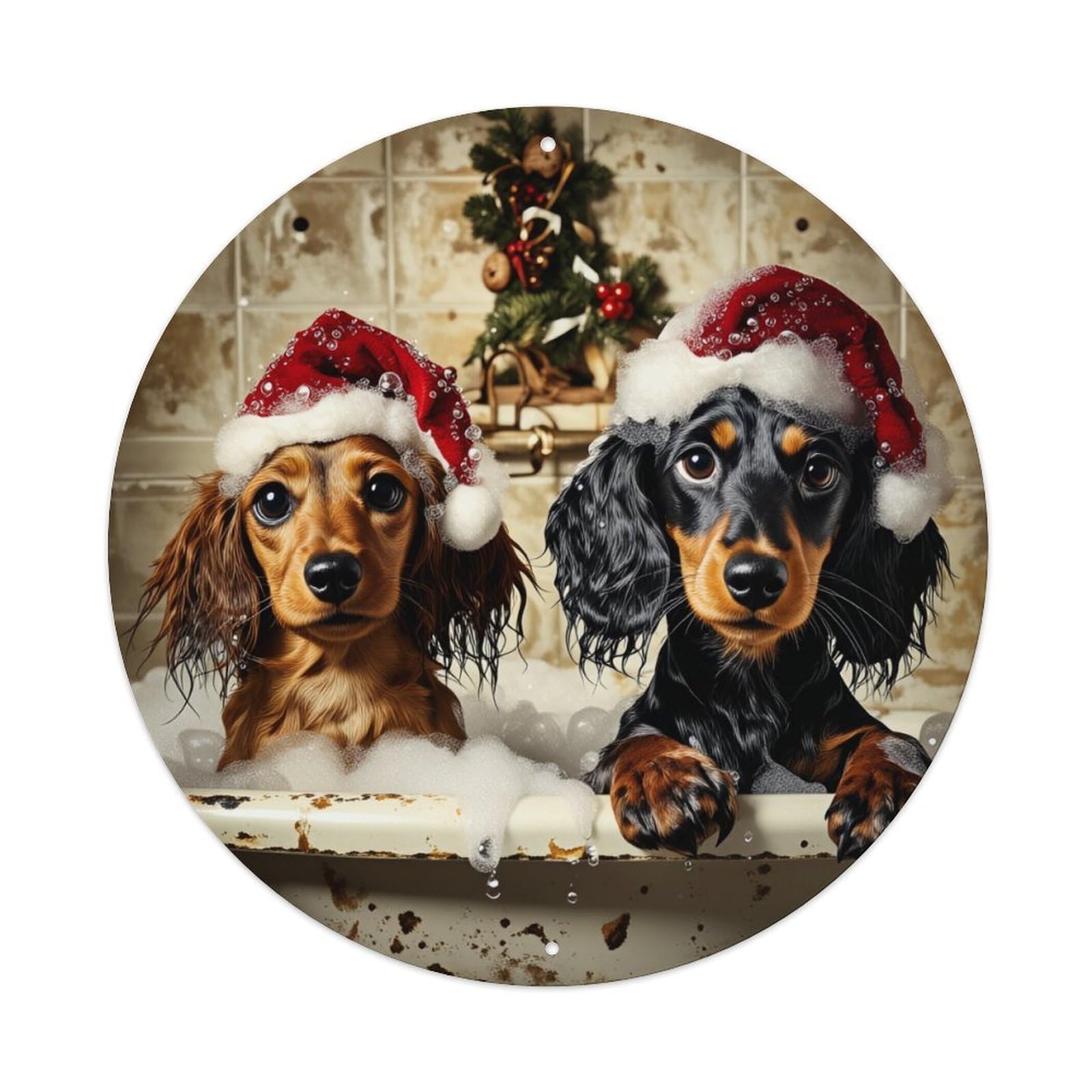 Christmas Dogs Bathing Santa Hats Round Tin Sign Retro Metal Sign for Cafe Bar Pub Home Game Room Gym Club Wall Decoration Vintage Metal Poster 8x8 Inch