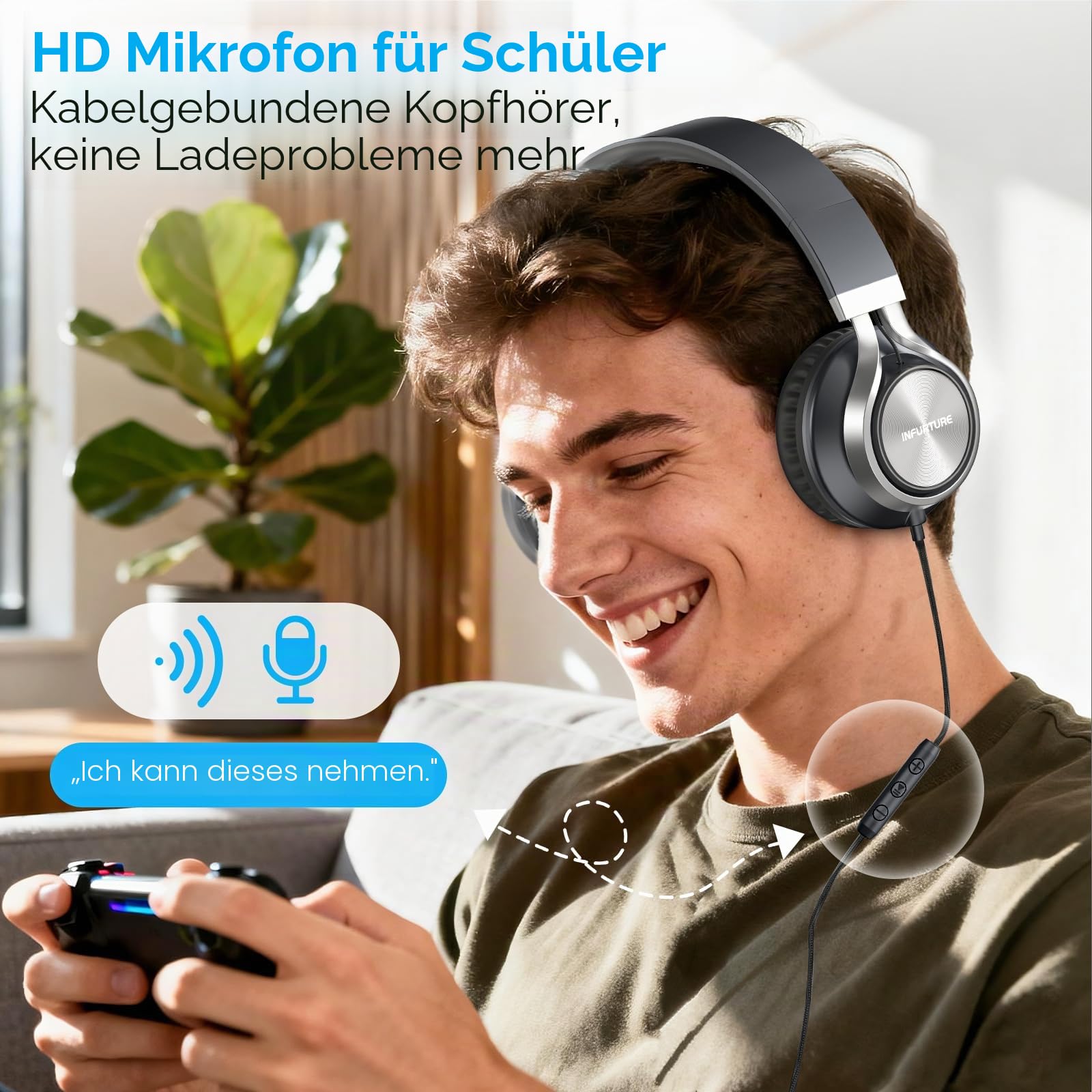 INFURTURE USB C Kopfhörer mit Mikrofon und Lautstärkeregler, Faltbare Kopfhörer Over Ear, Leicht Kopfhörer für Schule/Reisen/Zoom-Meetings/Online-Kurse/Sport/iPhone 17/16/15,Technikgeschenke - Schwarz