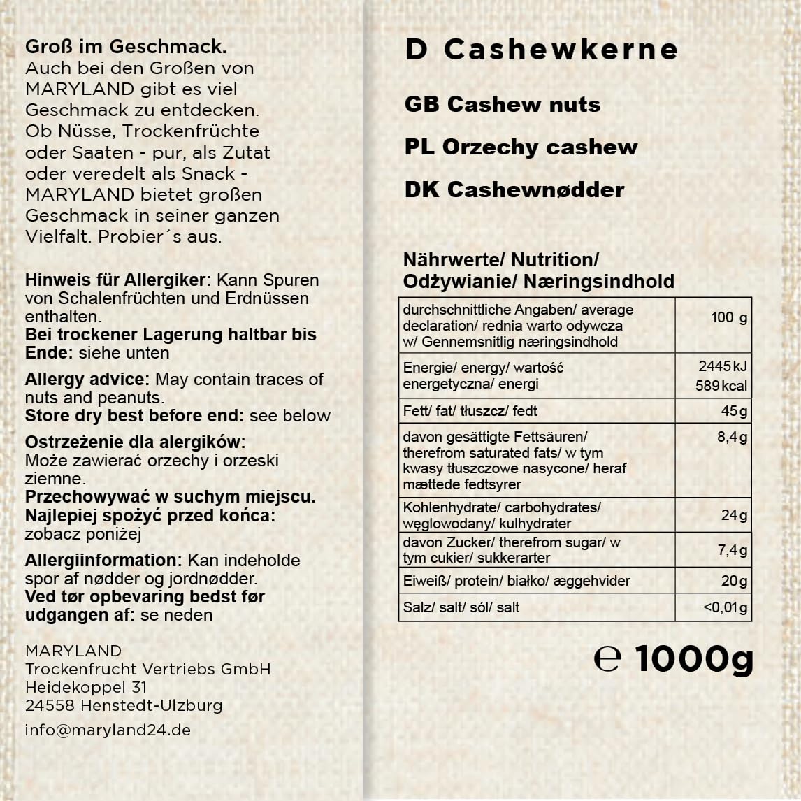 Maryland Cashewkerne 1000g Vorratspackung 4er Pack - Cashewkerne naturbelassen, vegan, frei von künstlichen Aromen, ohne Zusatzstoffe – Im Großbeutel genießen (4 x 1000g)