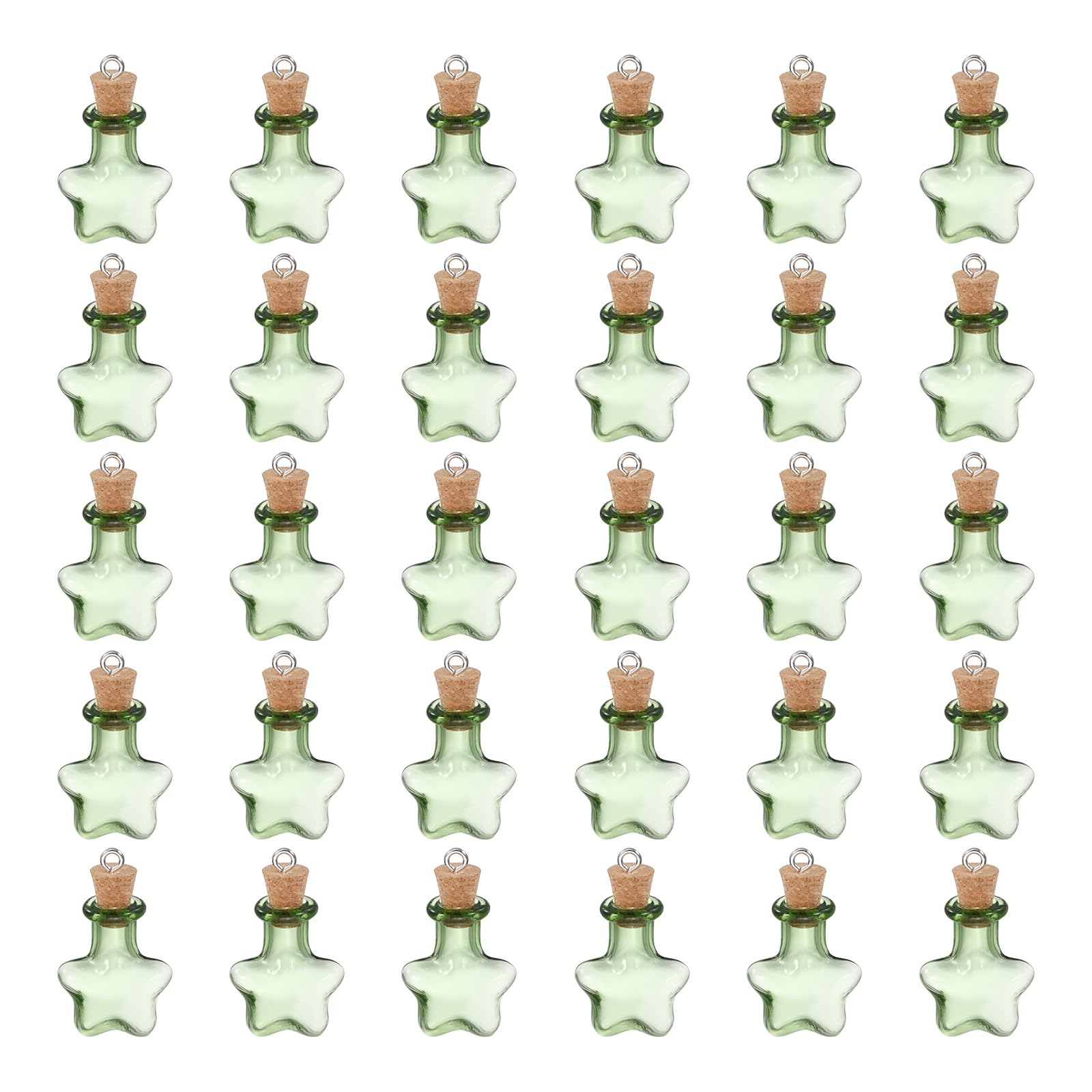 sourcing map 30 Pcs Mini Glass Bottles Jars, Star Small Cute Glass Jars Vials Pendants Small Vials Wishing Bottle with Cork Stoppers and Eye Screws for DIY Crafts Wedding Favors, Green