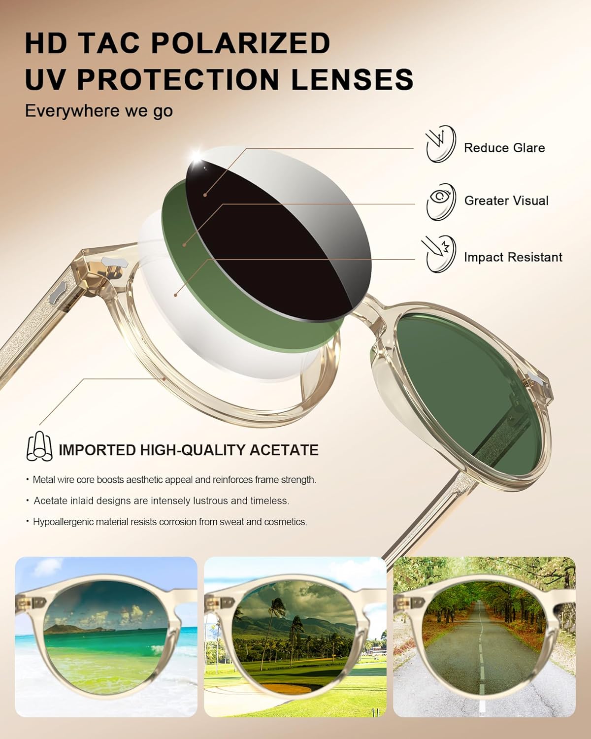 CARFIA Retro Polarized Sunglasses for Men UV400 Protection Handmade Acetate Round Frame CA5288L - Image 3