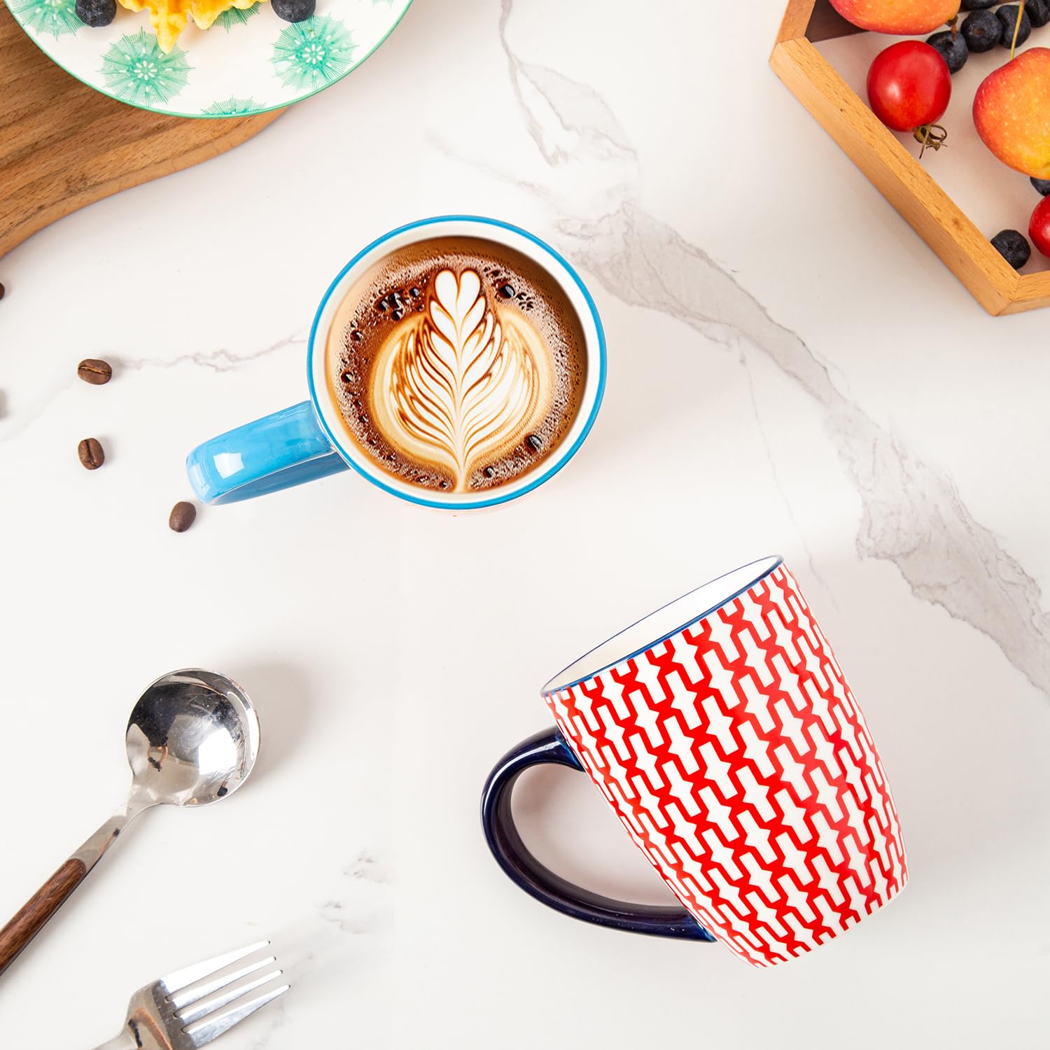 Keramik Kaffeebecher Set - 470 ml große Porzellan-Teebecher mit Griff für Frauen Männer Kakao Latte Cappuccino - Weihnachten Housewarming Geschenk - Set von 6 - Bunt