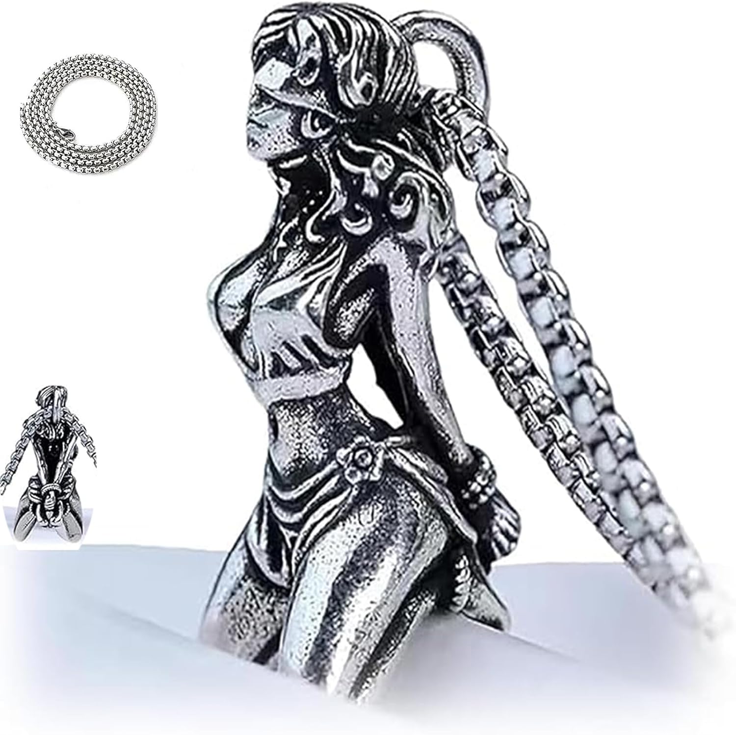 Suffering Goddess Pendant Necklace – Vintage Silver Plated Religious Amulet, Unisex Chain