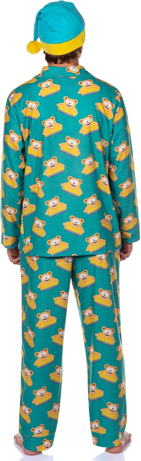 INTIMO South Park Men's Snacky Cakes Wellington Bear Eric Cartman Coat Front Pajamas with Nightcap 3 Piece Set