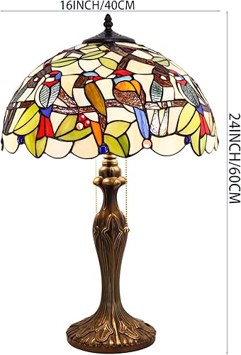 Miniatura 6 de WERFACTORY Tiffany - Lámpara de mesa colorida con diseño de pájaros, lámpara de noche de 16 x 16 x 24 pulgadas, luz de lectura para escritorio, base