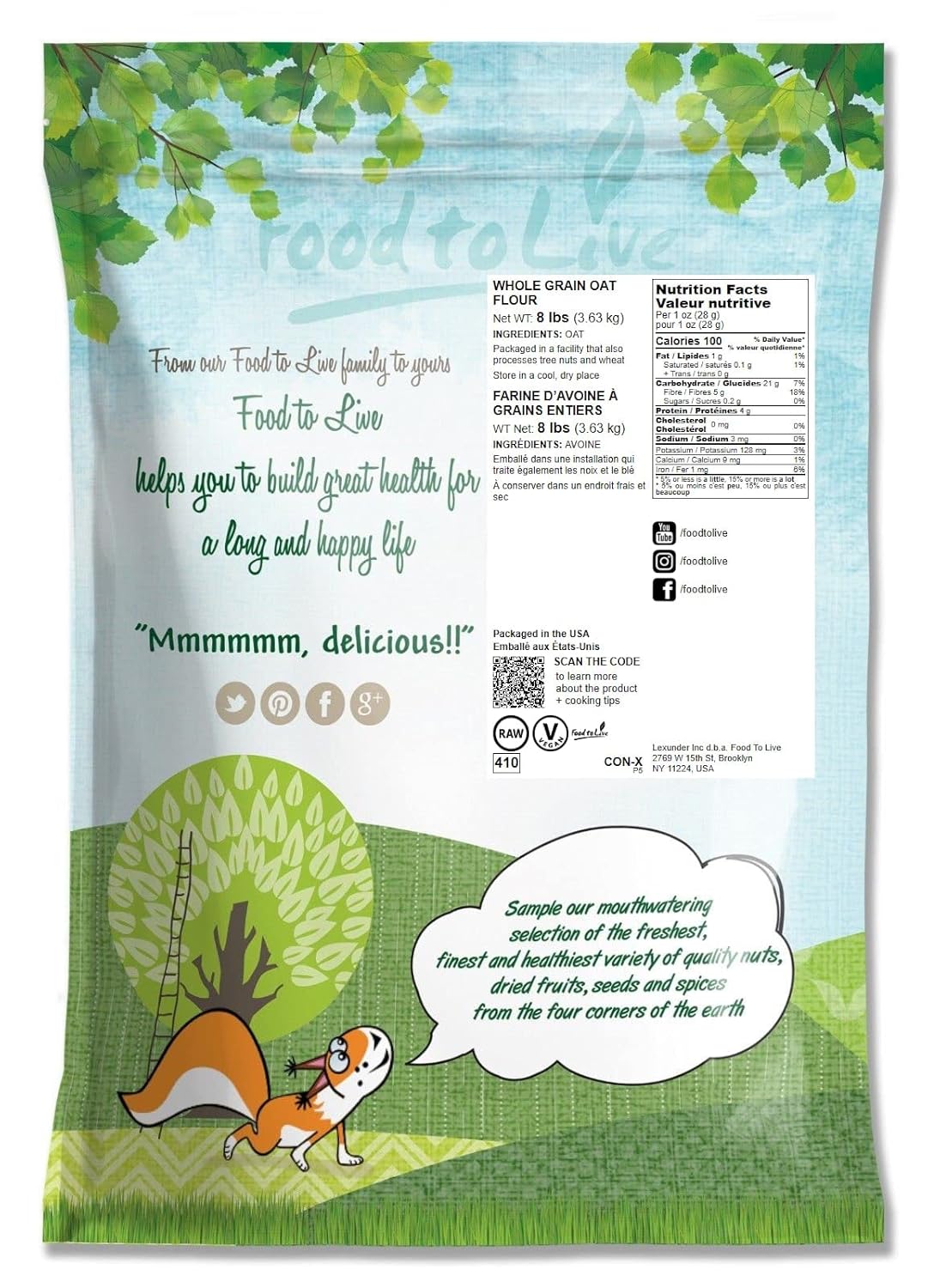 Food to Live Whole Grain Oat Flour – Finely Ground from Whole Grain Oat Groats, Vegan. Rich in Fiber, Protein. Perfect for Flour Blends. Great for Baking Muffins, Fluffy Cakes, Bread, and Pancakes