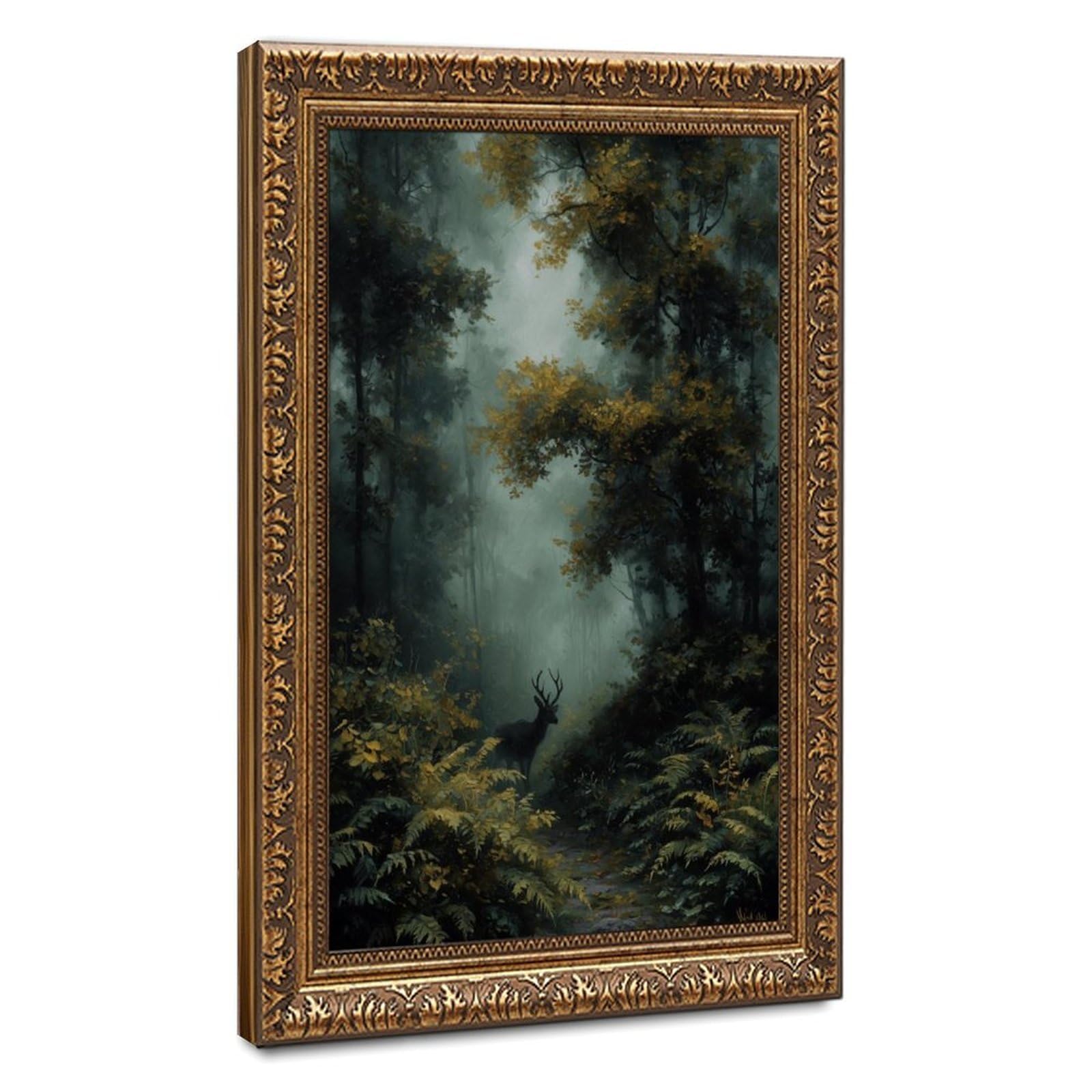 Bareronor Bronze Misty Autumn Forest Stag Canvas Poster Bedroom Decor Landscape Office Room Decor Gift 24" L X 36" W