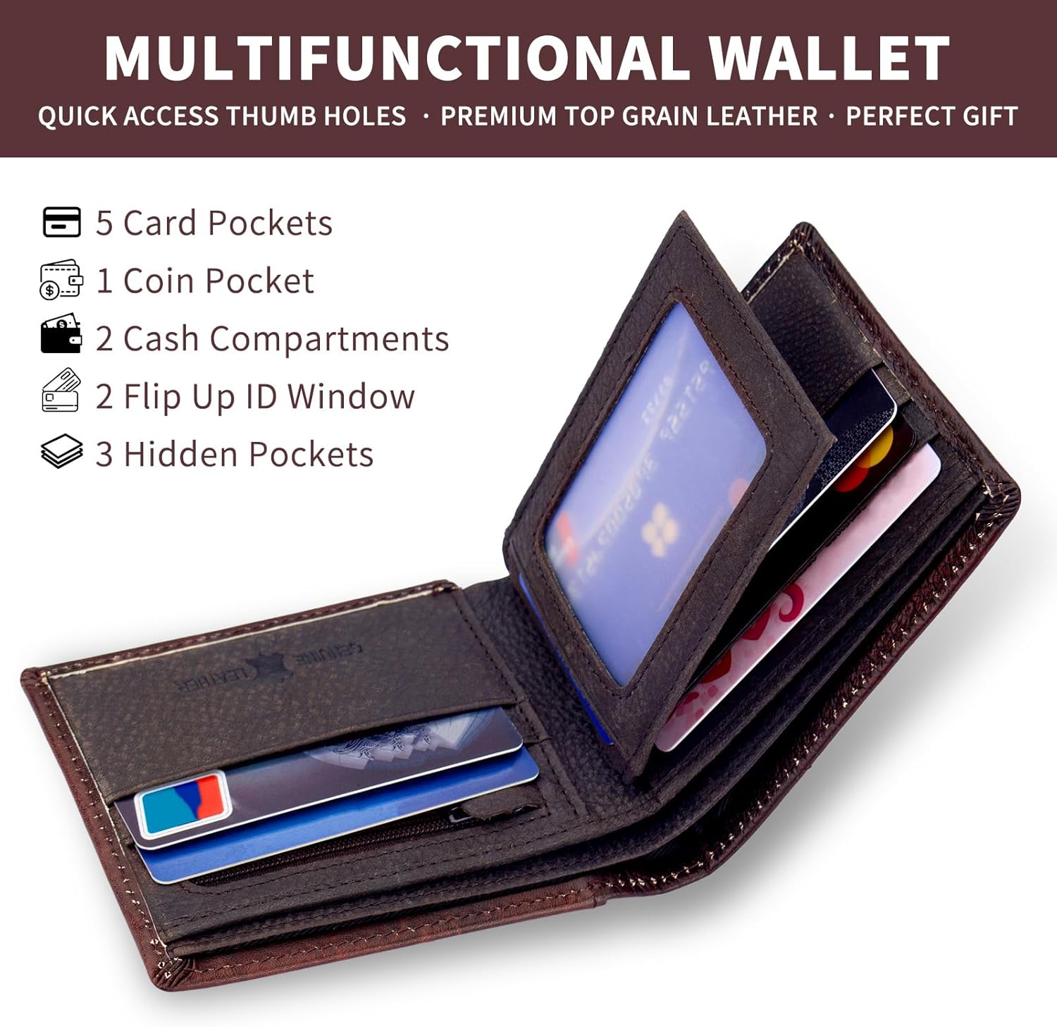 Full Grain Leather Bifold Wallets, RFID-Blocking for Western Men, Rodeo Wallet with 10 Slots (Wine Red, Stars), Gift for Men - Image 2