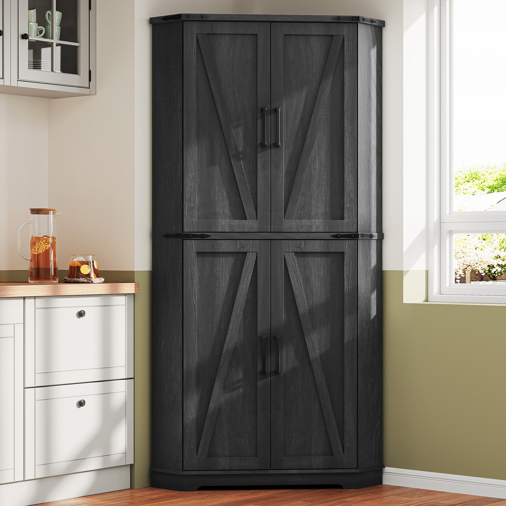 Dripex 71" Black Farmhouse Corner Pantry Cabinet with LED Light, Tall Storage Cabinet with Doors &amp; Adjustable Shelves, Food Pantry for Kitchen, Living Room, Dining Room