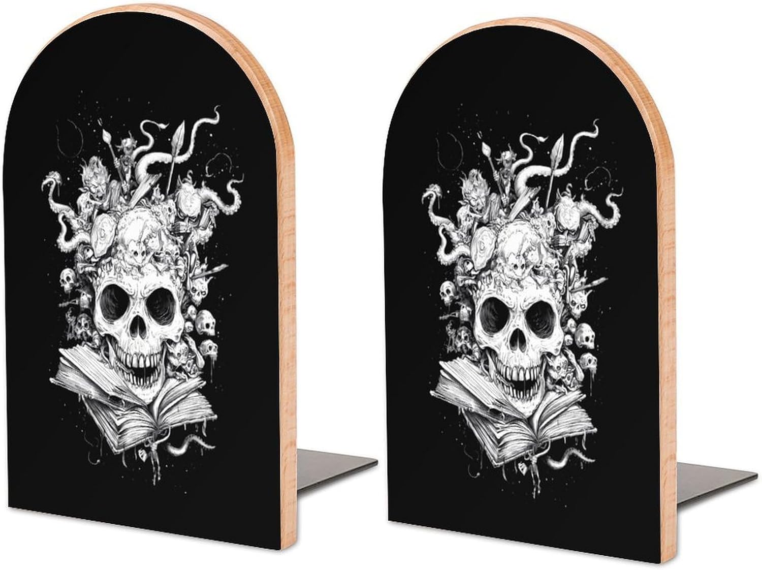Skull Books Cute Wood Book Ends Decorative Bookends 1 Pair Non-Skid for Shelves Home Office 7 X 5 Inch
