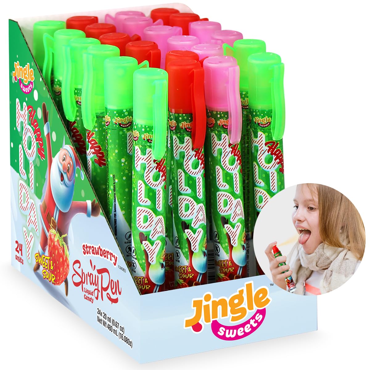 Pen Spray Liquid Candy - Holiday Unique Candy Stocking Stuffers of Sweet and Sour Flavors Including Green Apple, Strawberry, & Mixed Fruits, 24 Pack,