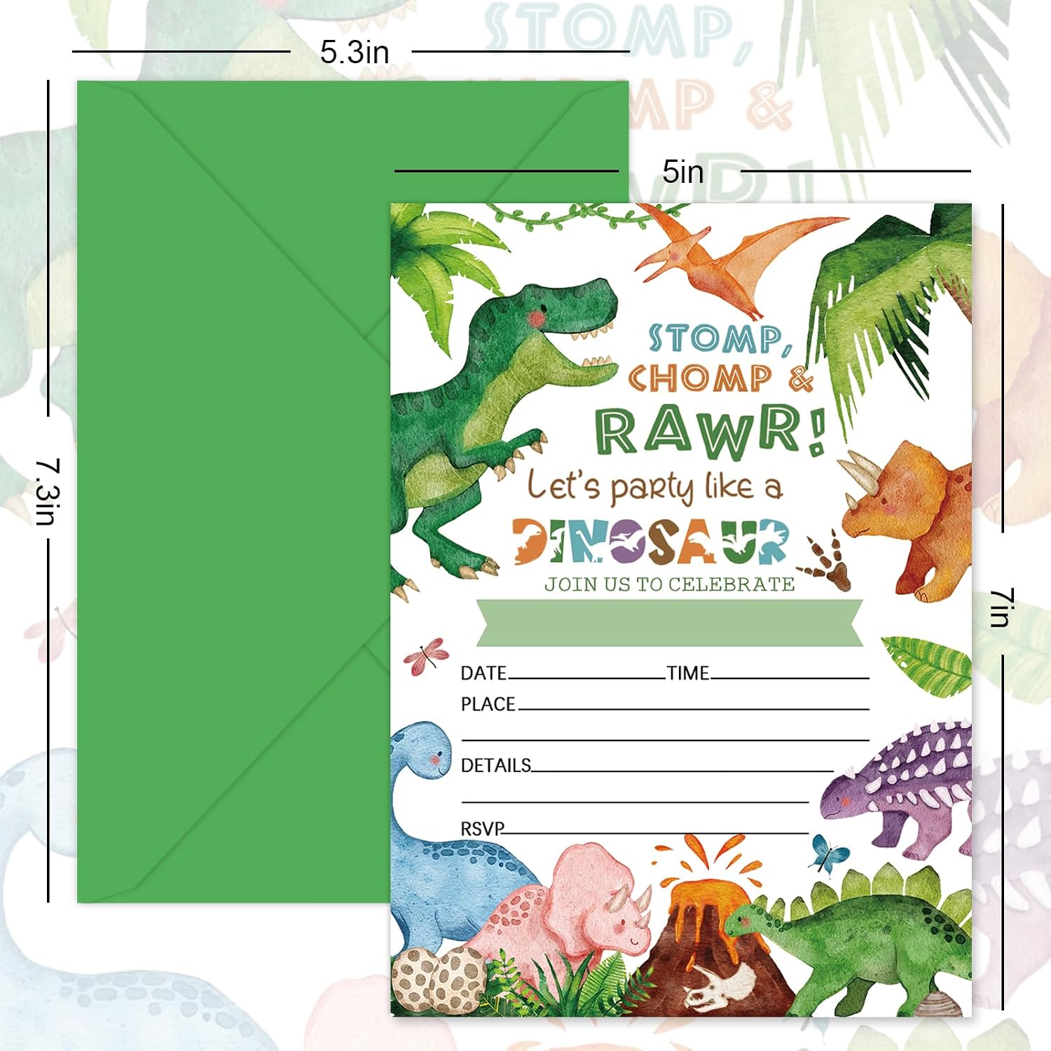 Whaline 25 Sets Dinosaur Birthday Invitation with Envelope Sticker Watercolor Green Jurassic Invitation Card Cute Blank Invites for Baby Shower Party, 5 x 7 Inch