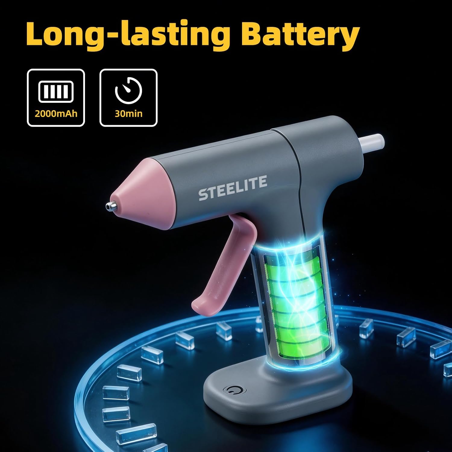 Cordless Hot Glue Gun with 10pcs Glue Sticks, 30s Fast Heating, 2000mAh Rechargeable Lithium Battery, Smooth & Even Glue Flow, Auto Sleep & Power-Off, Type-C USB for DIY Crafts, Home Repairs, EVA Pink