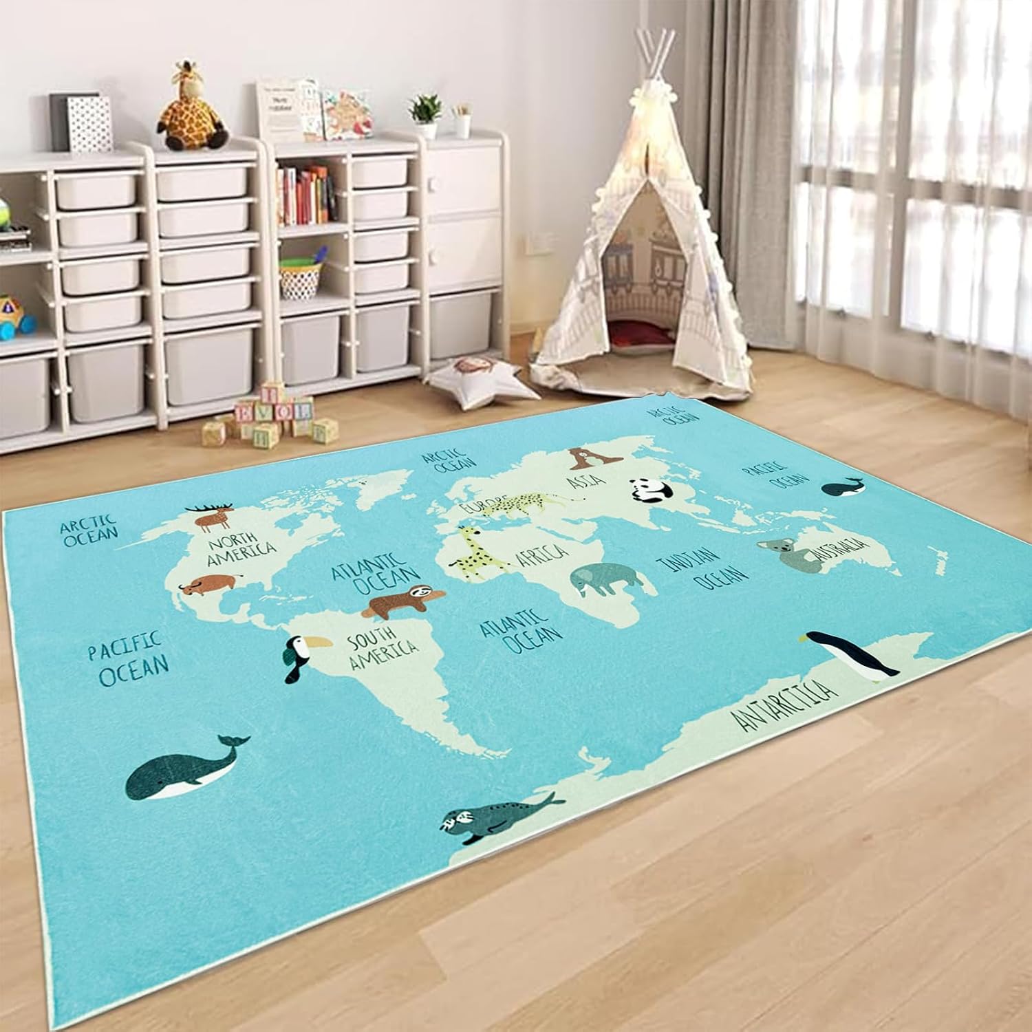 USTIDE Blue Map Rug 5x7 Kids Area Rug World Map Cute Animal Rugs Educational Carpet for Boy Girl Non Slip Machine Washable Rug for Living Room Bedroom Playroom Classroom