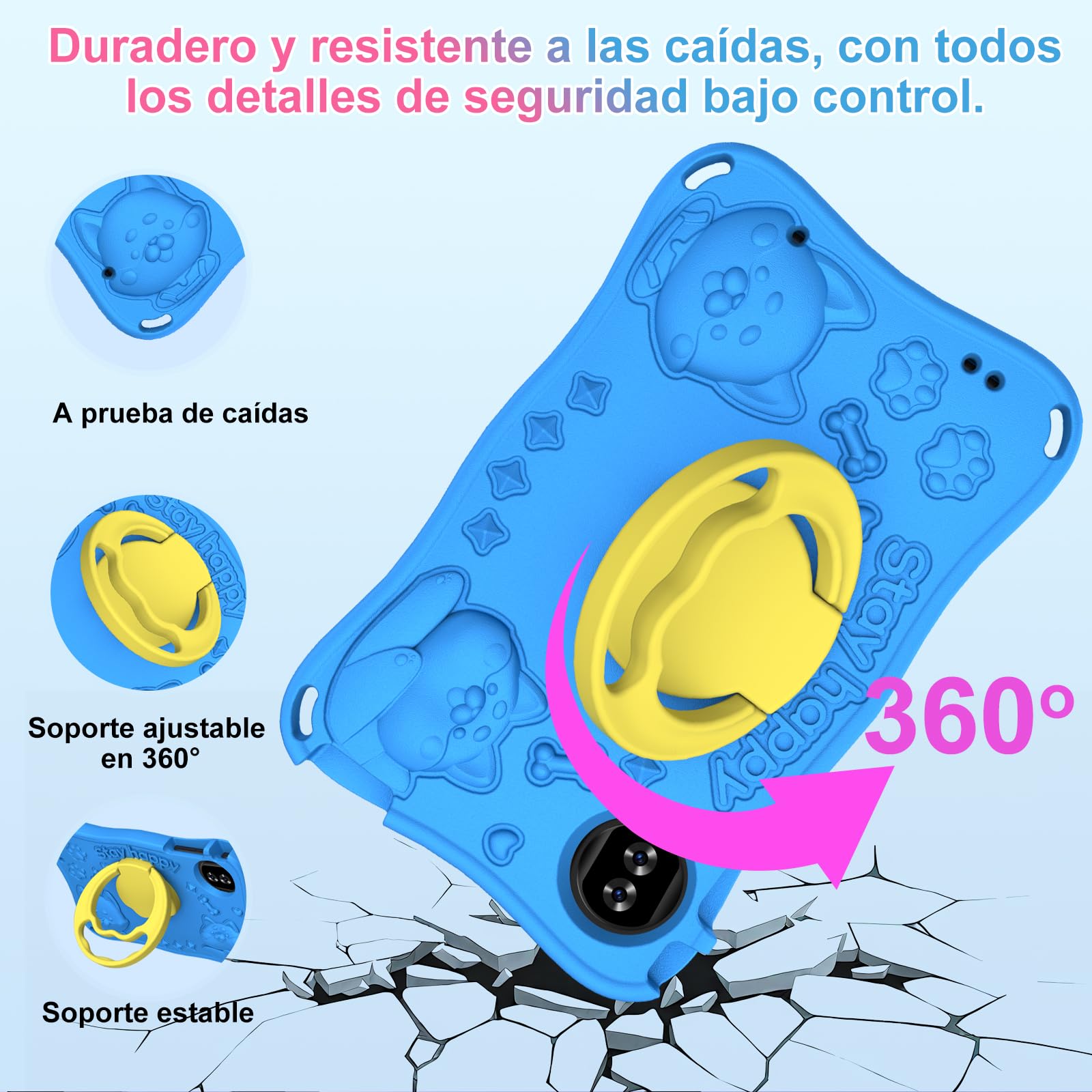 Tablet para niños 9 pulgadas Android 15 12 GB RAM 1 TB TF 5G WiFi Widevine L1 Octa-Core 5000 mAh control parental funda Eva Azul
