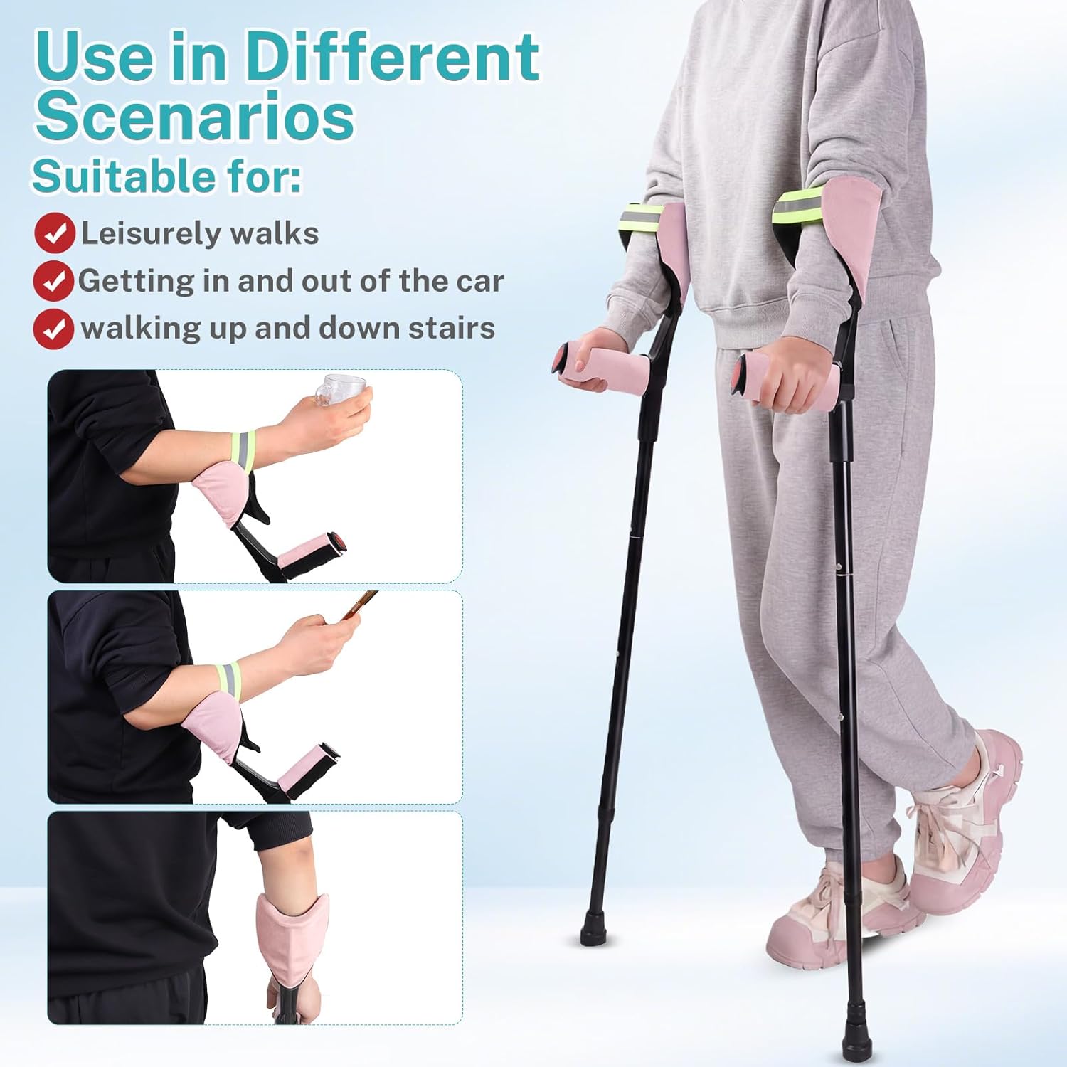 ENLUNTRA Forearm Crutches for Adults, 2 Pcs, Adjustable Arm Crutch with Elbow Strap and Cushion, Portable and Foldable Crutches,Grey Pink