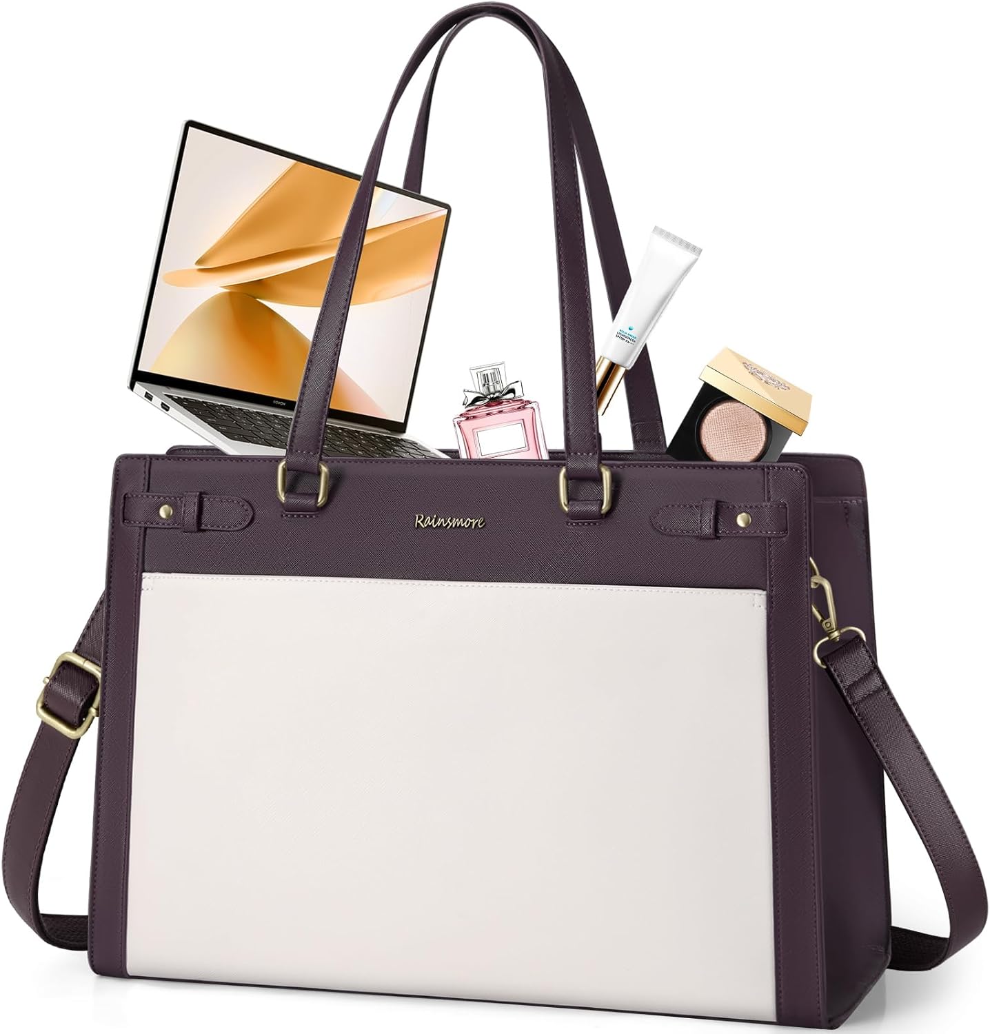 RAINSMORE Laptop Bag for Women 15.6 Inch PU Vegan Leather Work Tote Bag Waterproof Womens Briefcase Designer Computer Bags for Office Teacher College Travel Large Tote Purse Professional Green & Beige