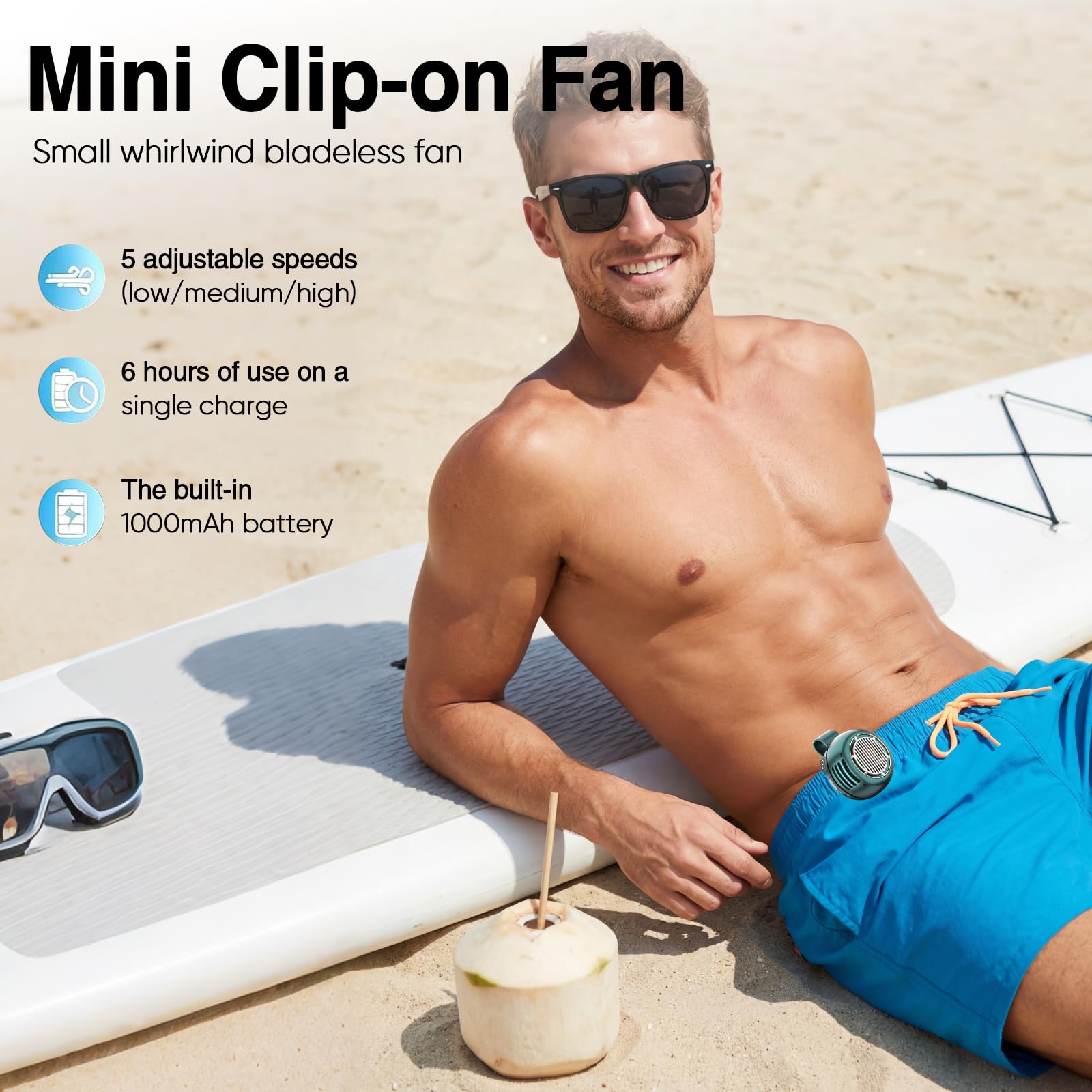 Mini ventilatore silenzioso senza pale portatile con clip, ventilatore a mani libere ricaricabile, 5 velocità, 1000 mAh, per viaggi, ufficio, camicia, regalo estivo per gli amanti del pieno