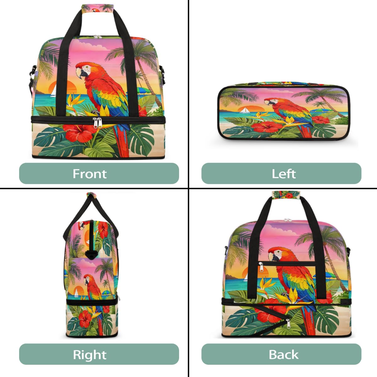 Borsone da viaggio pieghevole con motivo tropicale e ibisco, borsa da palestra espandibile con scomparto per scarpe, grande capacità, borsa da weekender, borsa da viaggio, sport, viaggi notturni