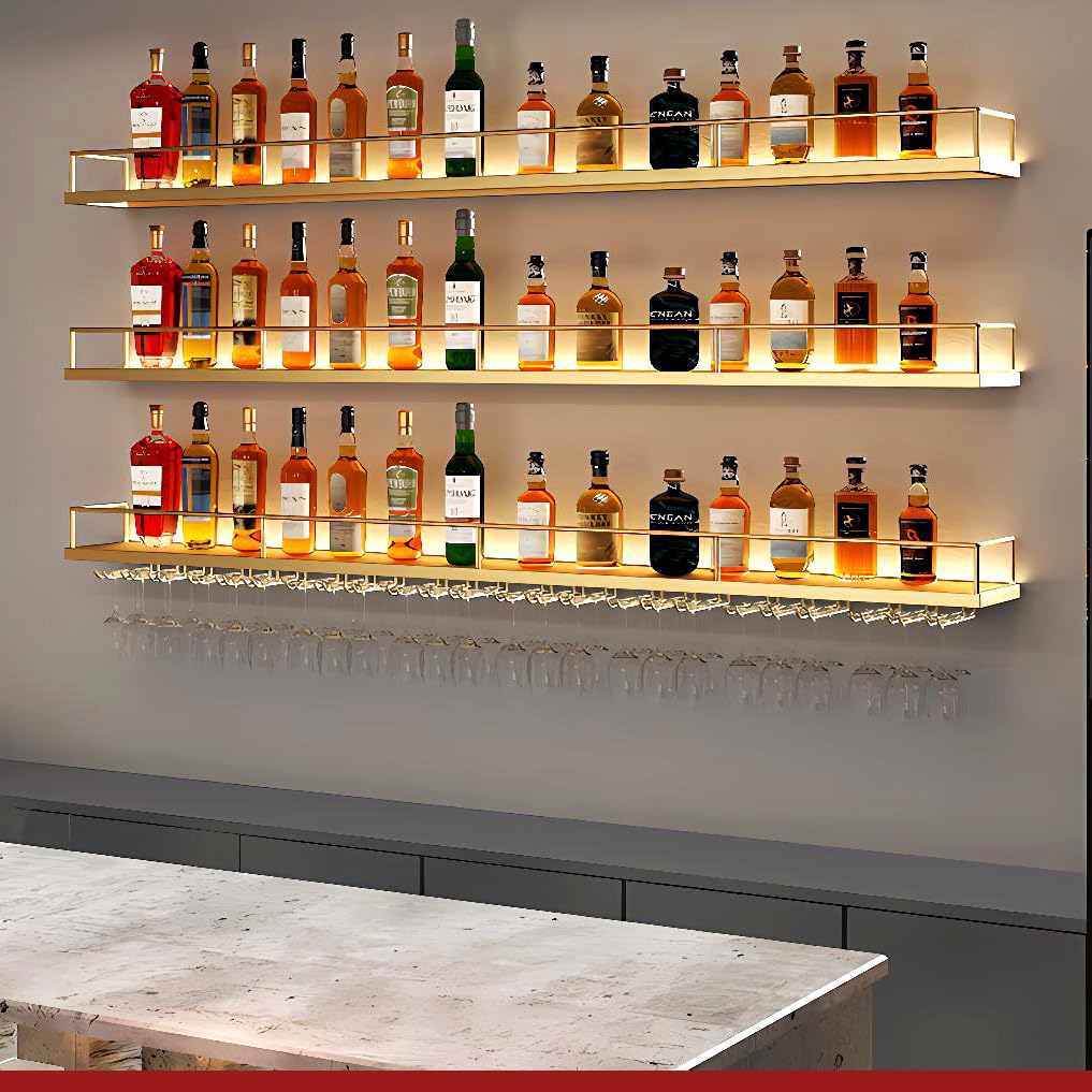 Wand montiertes Weinregal mit Weinglasregal, Metall Wine Display-Ständer Einstellbarer Raum, Schwebendes Barregal Flaschenregal Wandmontage für Bar-Einheiten, Küche Dekoration (Gold, 140cm)