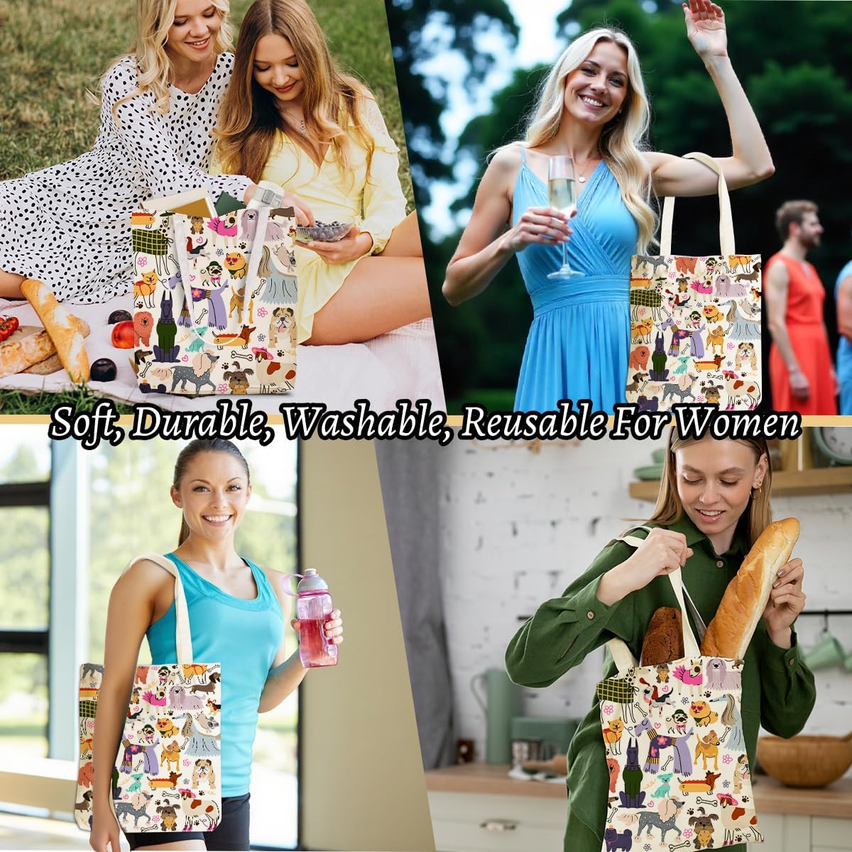 Aesthetic Dog Gifts Dog Mom Gifts for Women, Dogs Lover Pet Owner Girls Sister Makeup Bag Canvas Tote Bag, Reusable Grocery Bags with Inner Pocket for Shopping Birthday Christmas Friendship Wedding - Image 6