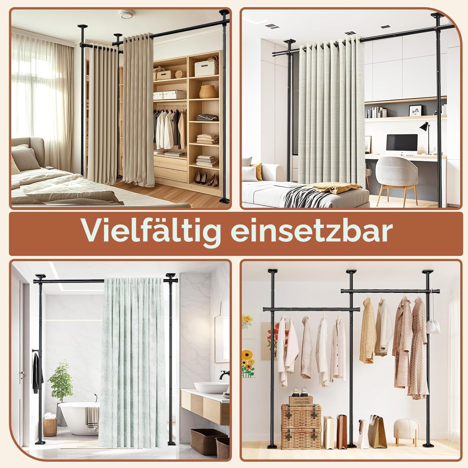 WELDUN Raumteiler Paraventgestell Gardinenstangen, Freistehend Trennwand Paravent ohne Vorhang, Sichtschutz für Wohnzimmer, Schlafzimmer oder Büro 227–312 cm (H), 71–290 cm (B), Schwarz