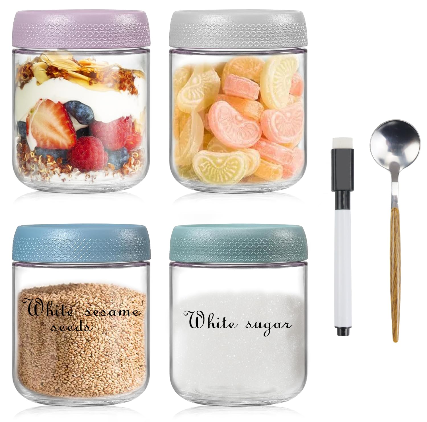 Qcdou 4Pack Overnight Oats Jar, 480ml Glass Containers with lids, 16oz Breakfast Jars, Yoghurt Pots, Fruit Pots, Oatmeal Salad Jars, Preserving Jar, for Cereals Milk Fruit Salad Snacks Juice