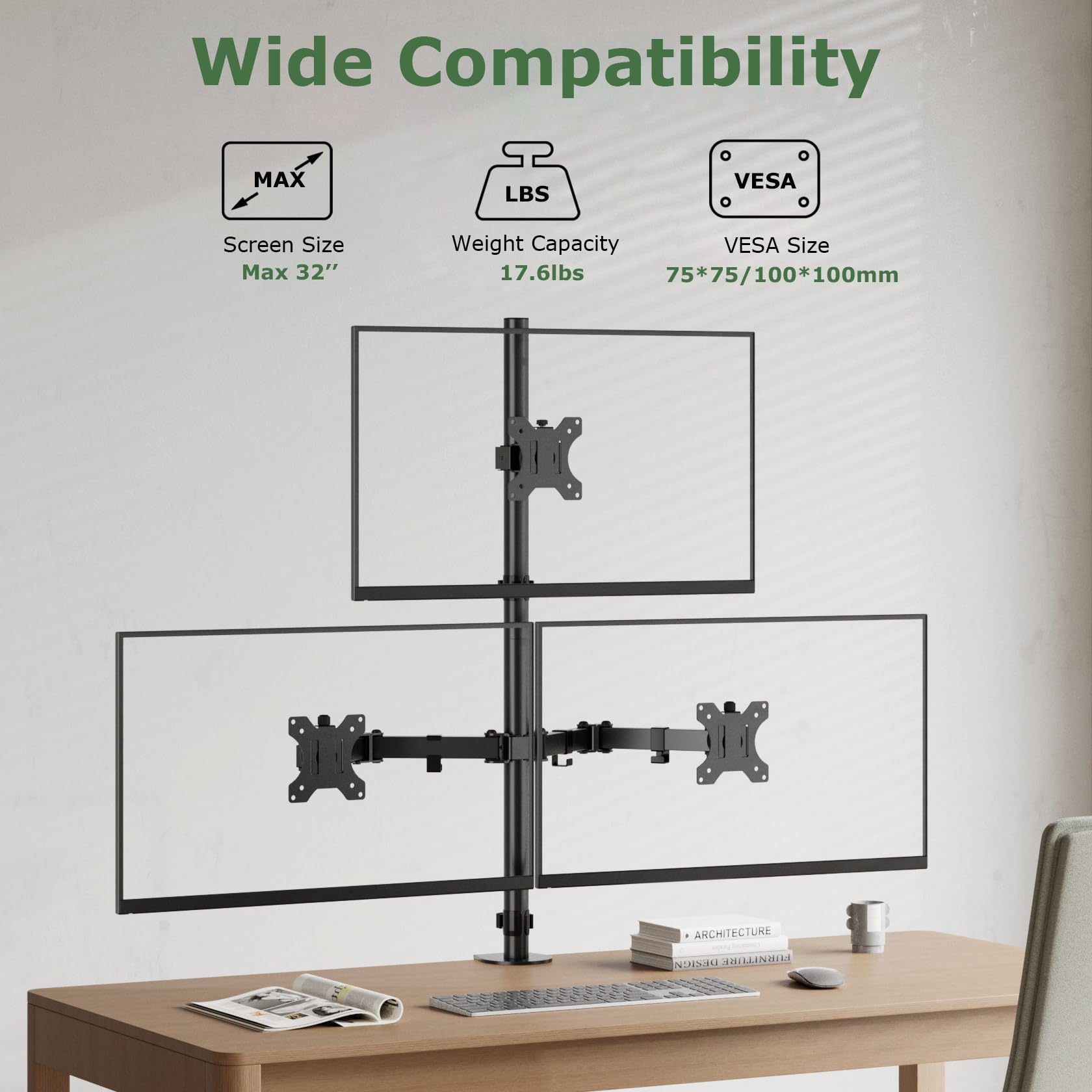 UPGRAVITY Support de bureau triple pour écrans de 17 à 32", chaque bras peut supporter jusqu'à 8 kg, 3 supports d'écran avec inclinaison, pivotant, rotatif, VESA 75/100 x 100 mm