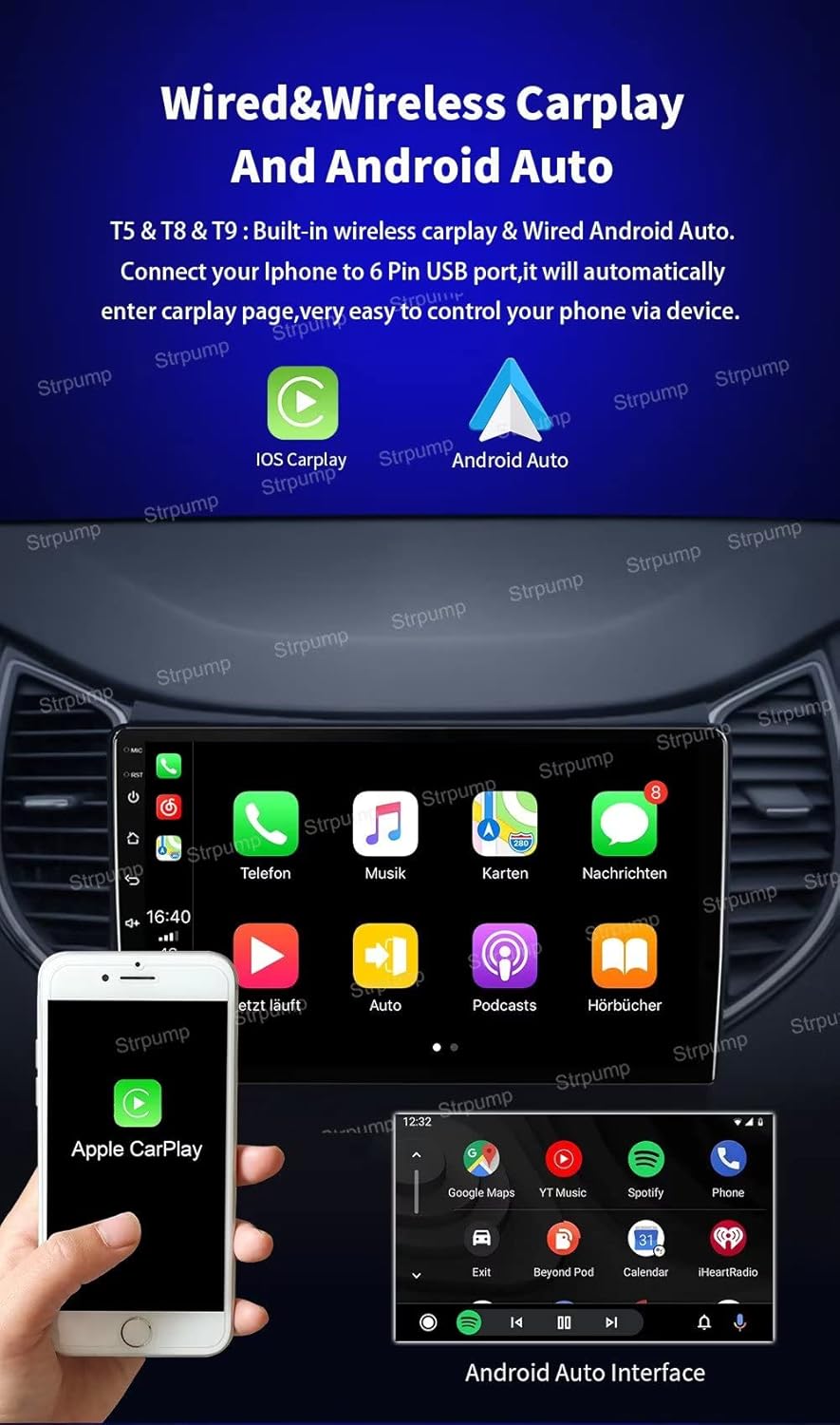 Car stereo screen displaying Apple CarPlay and Android Auto interfaces