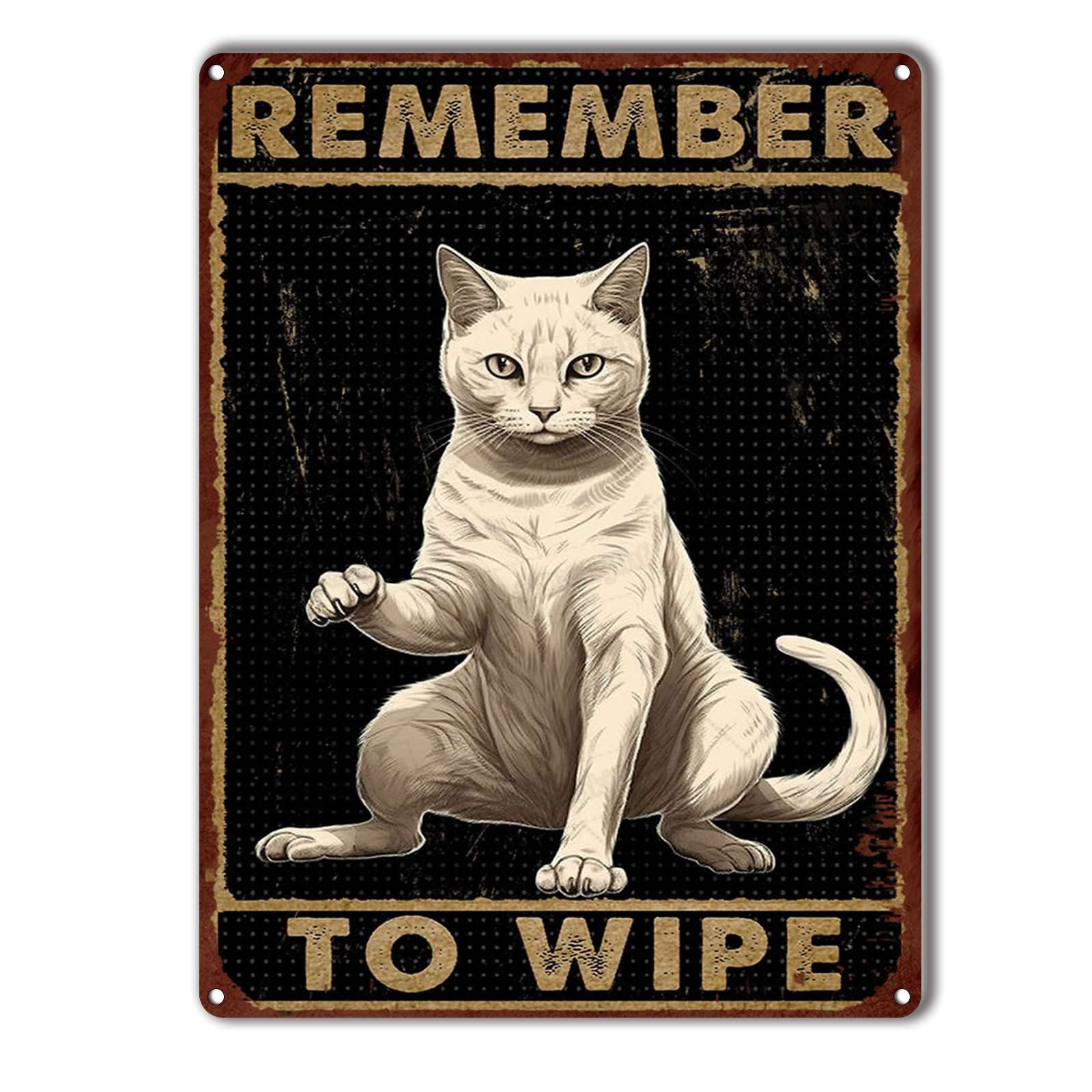 peiyeety Metal Tin Sign White Cat Inspired Vintage Decorative Wall Plaque, Remember To Wipe Bathroom Poster For Home Bedroom Living Room Bar Cafe Farmhouse Indoor Outdoor Wall Decoration, 12x16 Inch