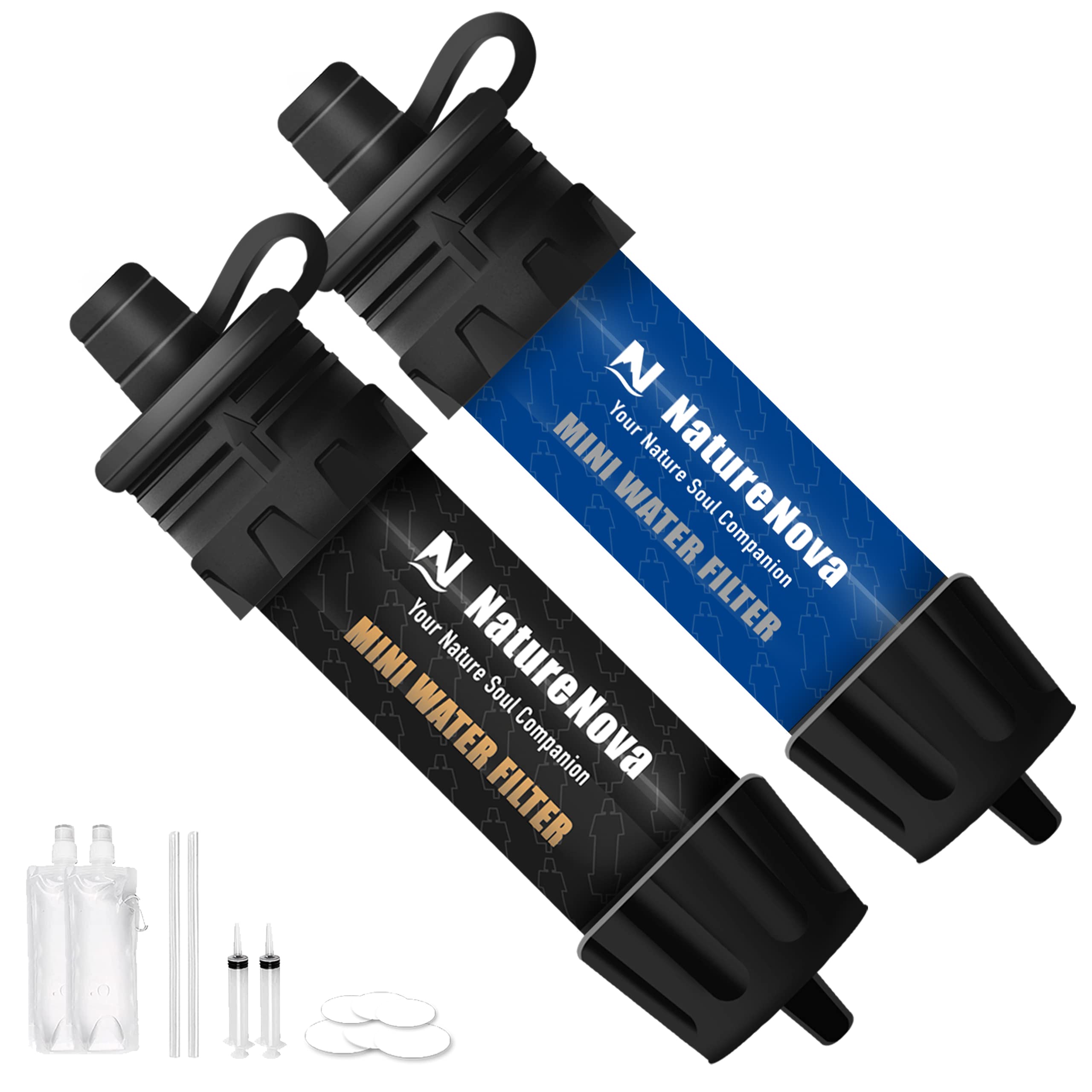 NatureNovaMini Water Filter Portable Emergency Water Filtration System Hiking Camping Straw Survival Gear Emergency Preparedness（Blue/Black, 2 Pack)