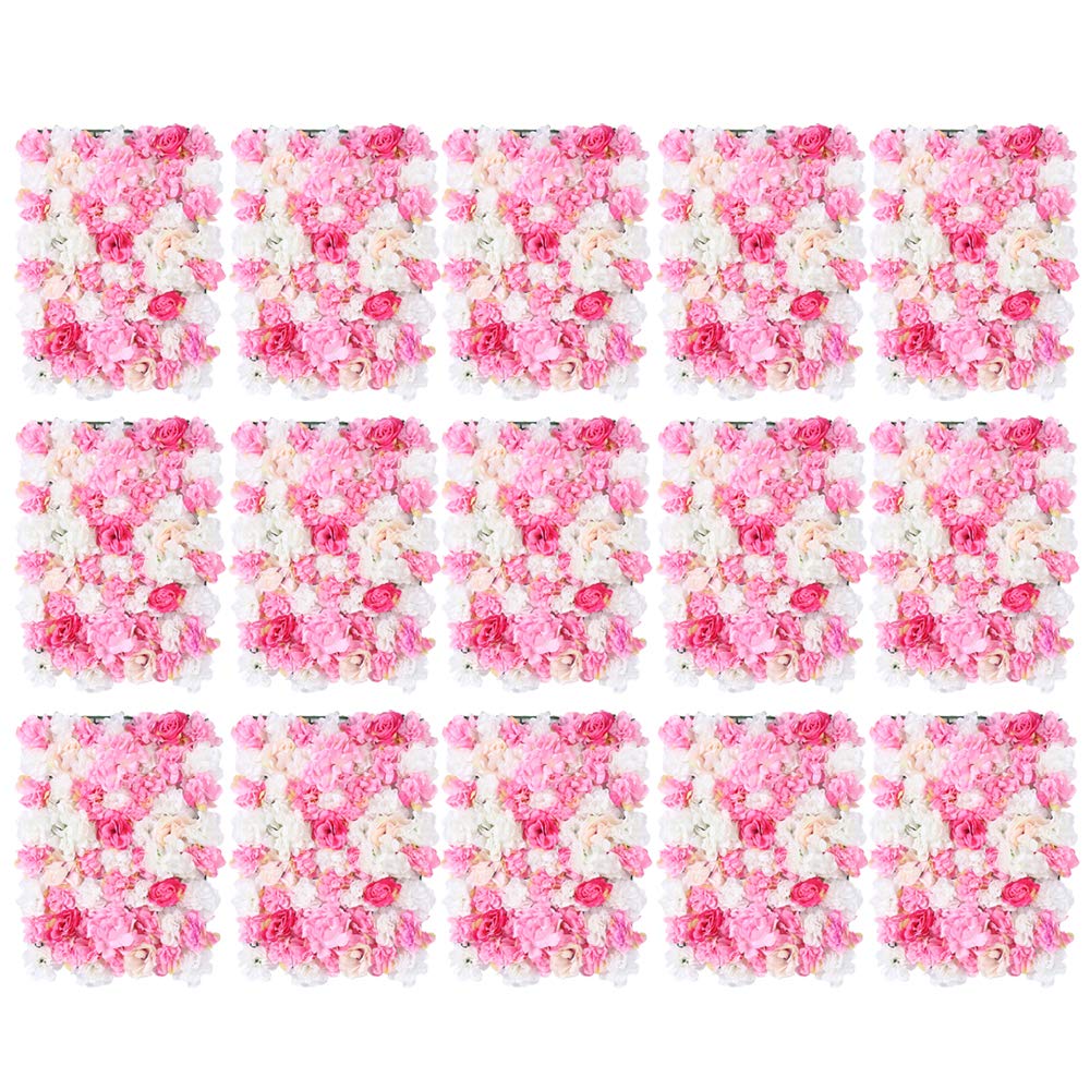 ROMYIX 15PCS Flower Panels Artificial Flowers Wall Screen Romantic Floral Backdrop Hedge Home Decor Wedding Party Background (15PCS Pink&White5)