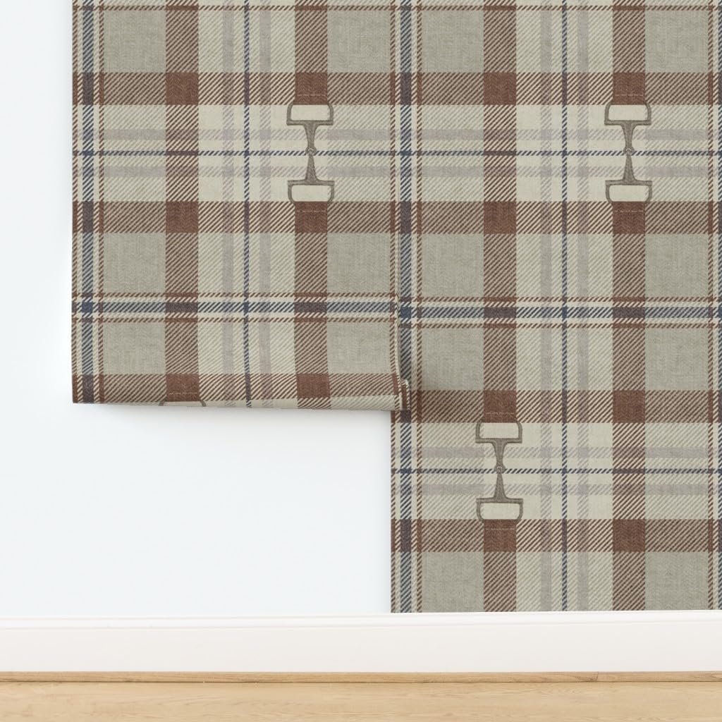 Spoonflower Peel & Stick Wallpaper Swatch - Equestrian Autumnal Plaid Heritage Cozy English Rustic Tartan Neutral Farmhouse Tack Room Snaffle Custom Removable Wallpaper