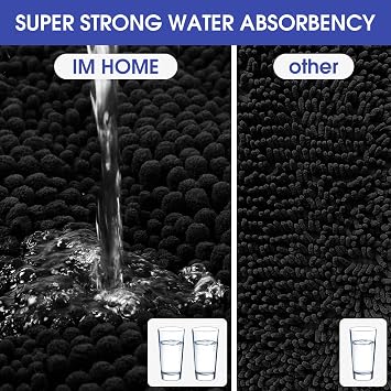 ACCUMTEK Striped Black Bathroom Rug Set 3 Pieces Ultra Soft, Non Slip Chenille Toilet Mat, Absorbent Plush Shaggy Bath Mats for Bathroom, Bedroom, Kitchen