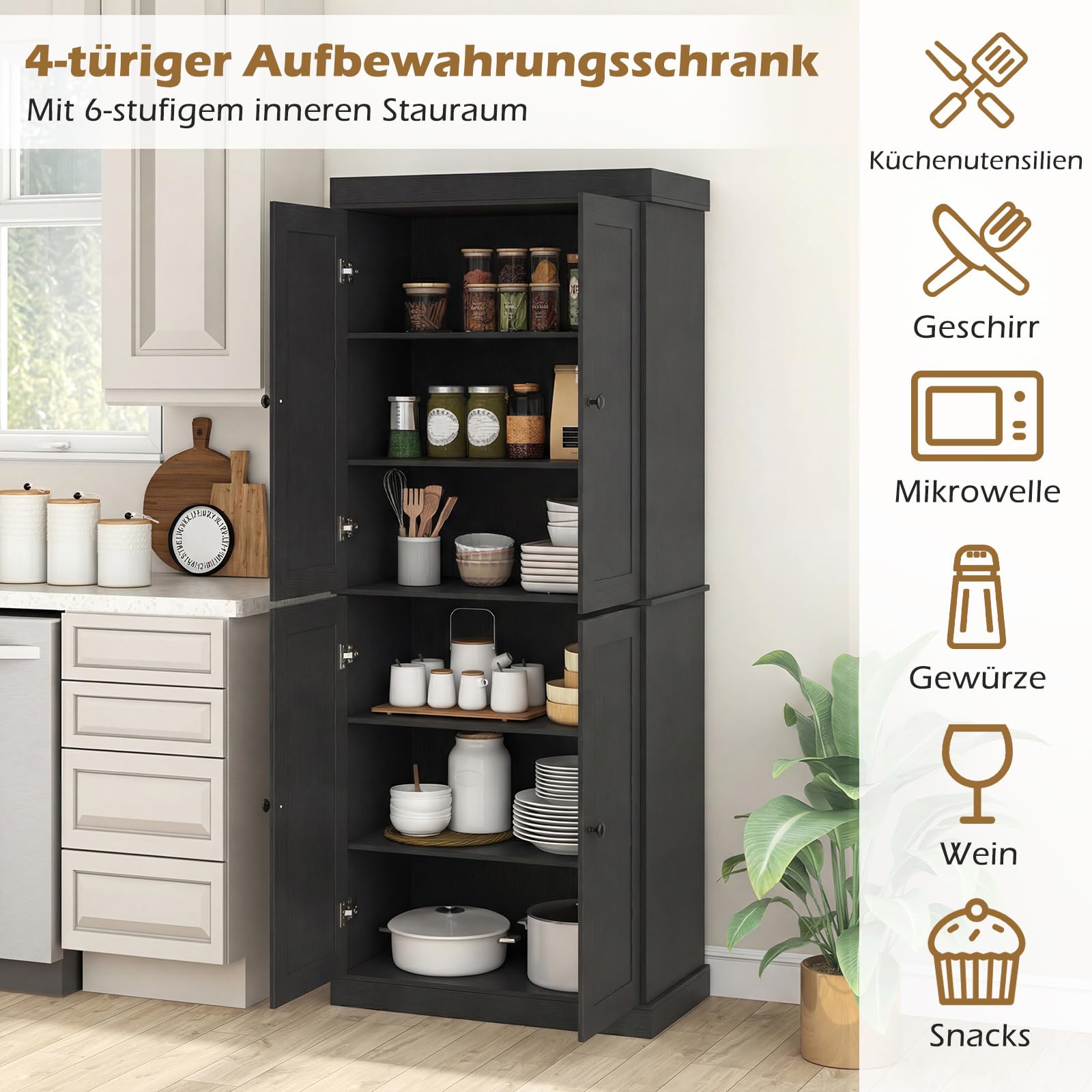 COSTWAY 6 stöckiger Küchenschrank, Hochschrank Küche mit 4 Türen & verstellbaren Regalen, Vorratsschrank freistehend, für Badezimmer, Wohnzimmer, Esszimmer, Büro, 76 x 40 x 185 cm (Schwarz)