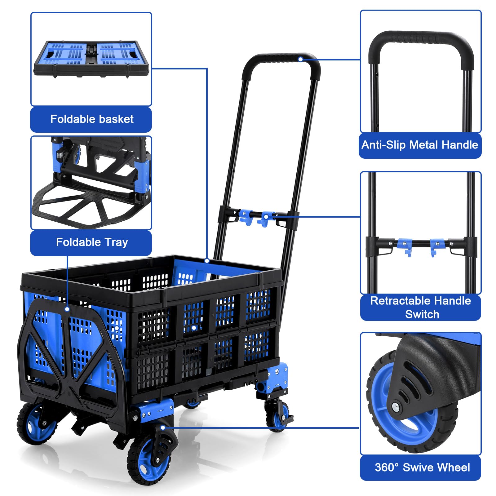 Wózek transportowy 2 w 1 i wózek platformowy ze składanym pudełkiem, wózek transportowy, składany maks. 150 kg, wózek transportowy, 2 gumki napinające z haczykami, 3-stopniowa regulacja wysokości, do
