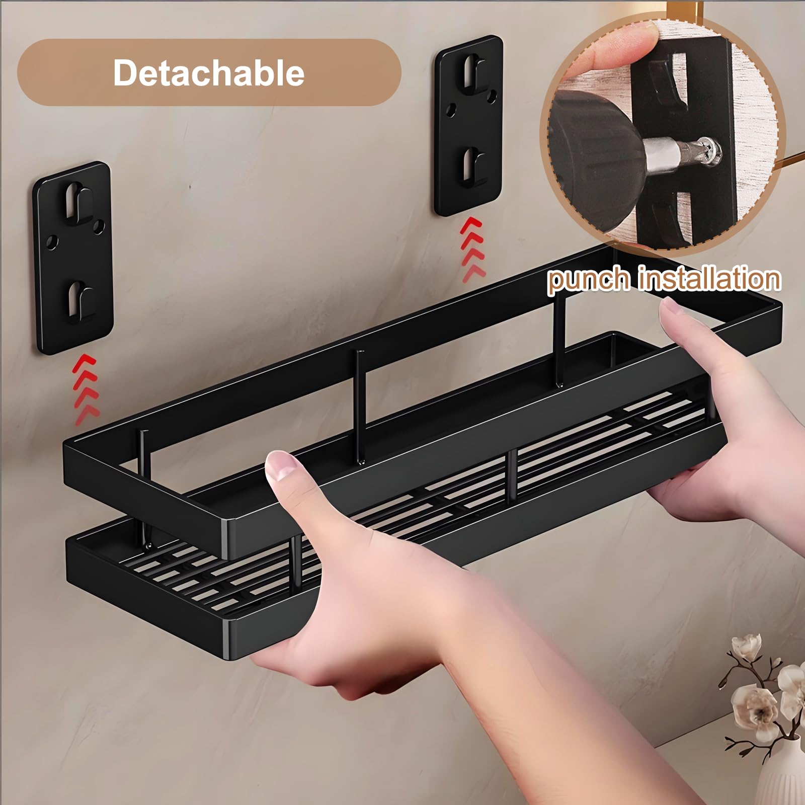 2 portaspezie da parete senza foratura, 2 ripiani, da cucina, da parete, in metallo, con 8 ganci rimovibili, portaspezie per cucina, bagno (nero)