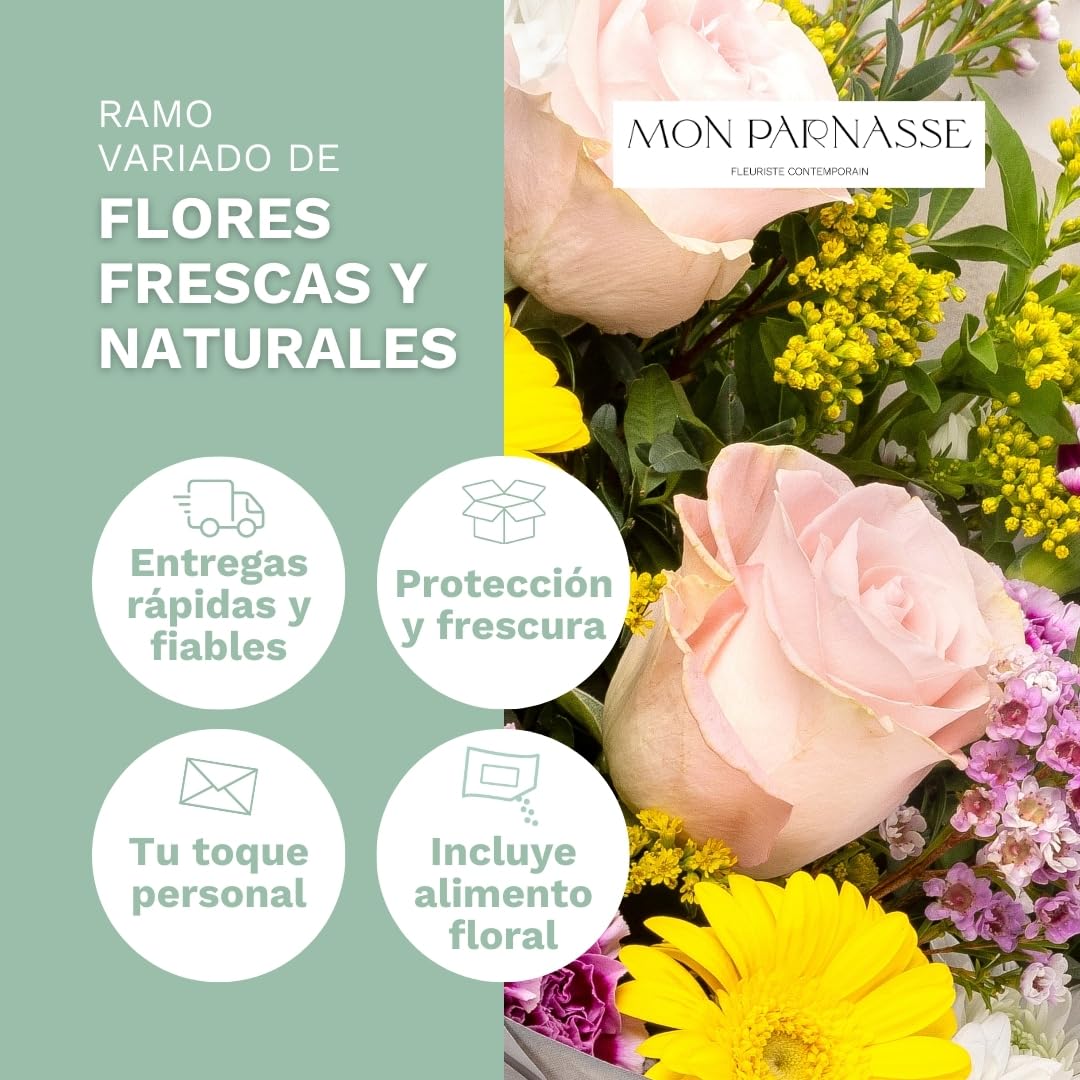 Mon Parnasse - Ramo de Flores Naturales con Dedicatoria, Incluye Tarjeta Personalizada, Set Alimento Floral, Envoltorio Elegante, Regalo, Frescura y Aroma - Plenitud