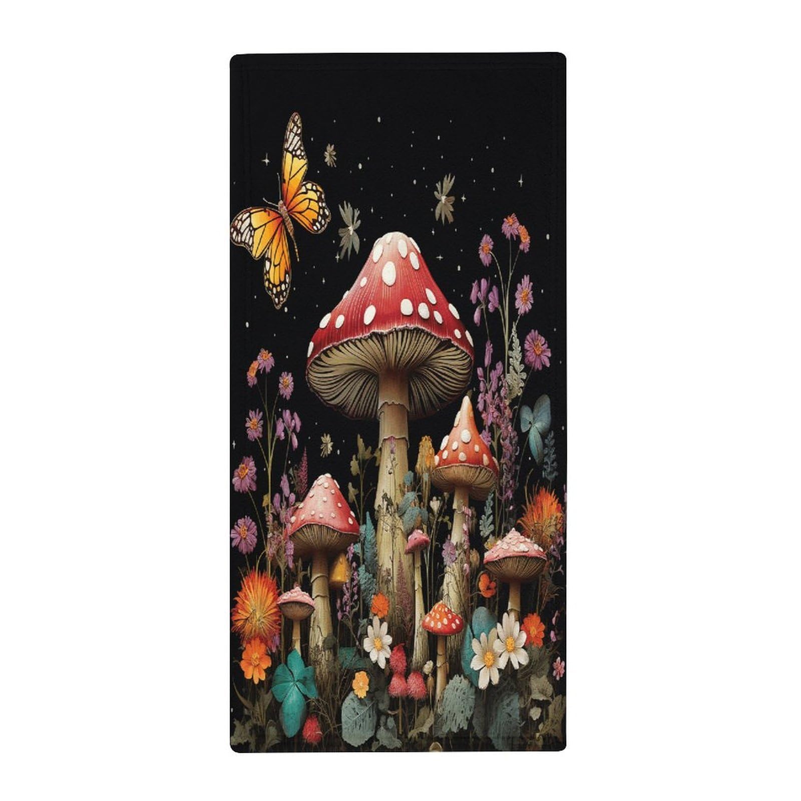 Fekiloot Style Mushrooms And Butterflies On Black Background Towels For Bathroom, Bath Towels 13.8 X 28.7 Inch, Hand Towel Multipurpose Use As Bath Fitness, Bathroom, Shower, Sports, Yoga Towel