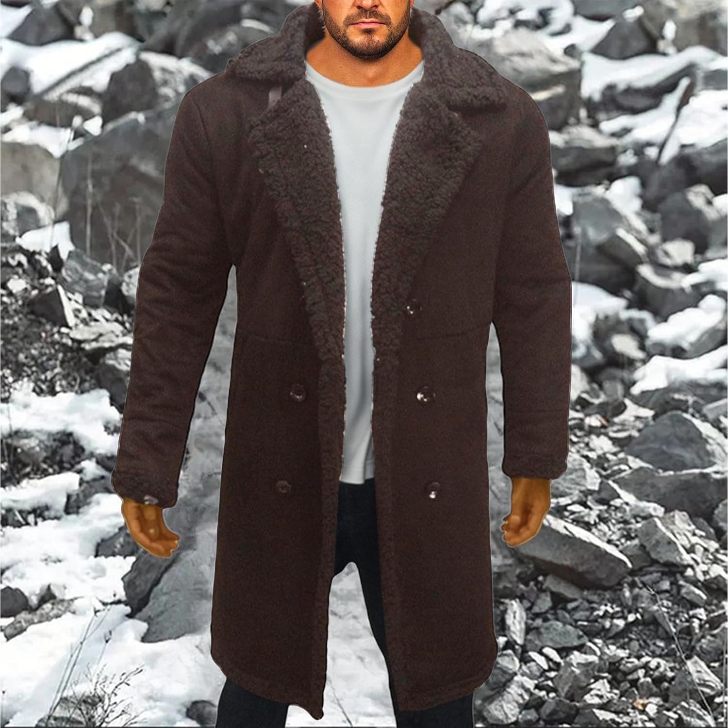evzosrz Mens Casual Sherpa Fleece Lined Jackets Faux Fur Collar Long Trench Coats Winter Warm Big & Tall Outwears with Pocket
