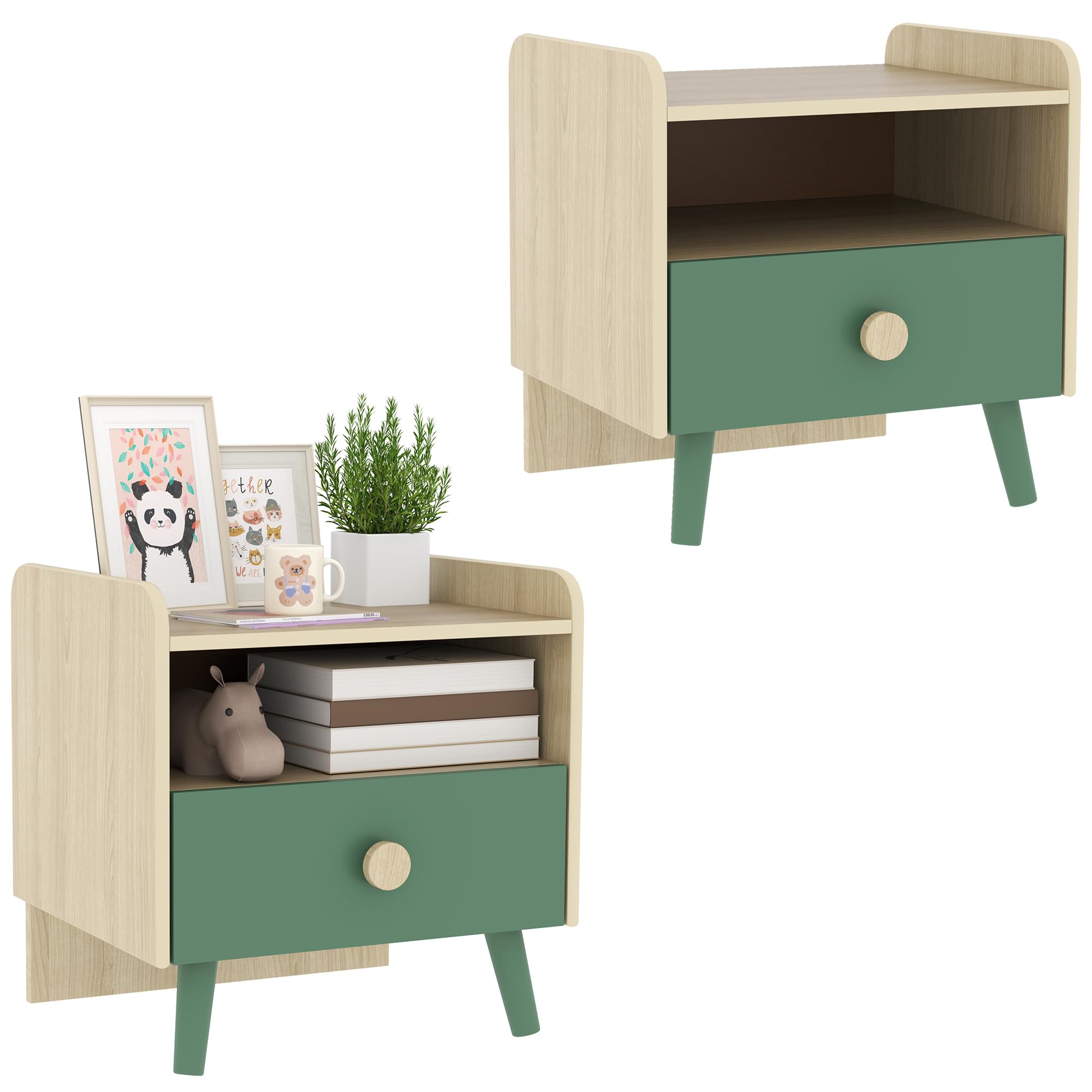 AIYAPLAY Lot de 2 Tables de Chevet Enfant, Tables de Nuit Enfant avec tiroir et Niche, Petite Table d'appoint en Bois pour Chambre d'enfant, 40L x 32,5l x 40H cm, Vert