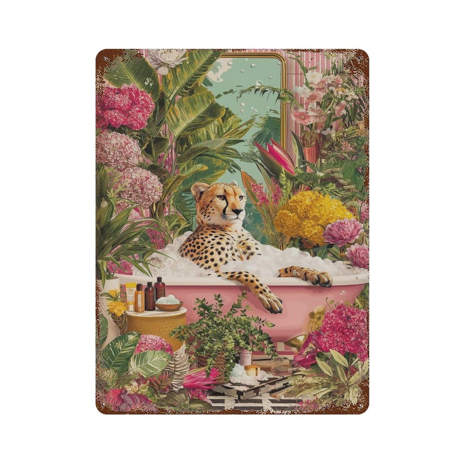 xiaoxiaoshen Cheetah in Bathtub Whimsical Jungle Bathroom Tropical Animal Colorful Floral Max Wall Decor Art Metal Tin Poster Modern Home Decor Art Home Bar Shop Decorations Vintage Sign 40x30cm