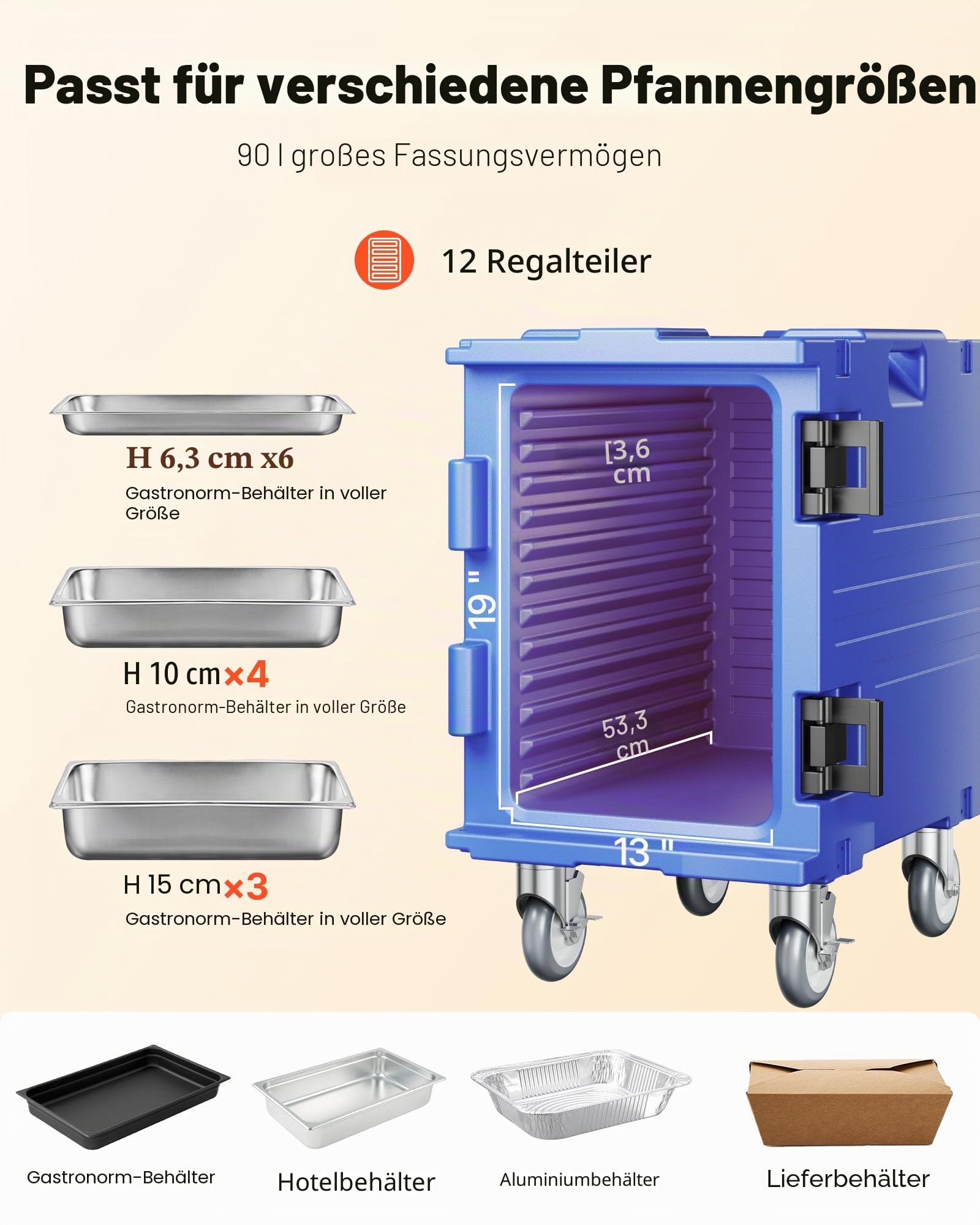VEVOR Isolierter Lebensmittelbehälterträger, 90 L Gastronomie-Thermobox, LLDPE-Lebensmittelbehälterträger mit Einteiliger Schnalle, Frontlader mit Griffen, Geeignet für Restaurant, Kantine usw. Blau
