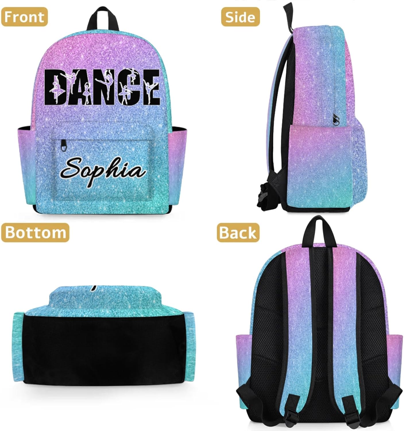 Personalized Dance Backpack Bag for Women, Custom Large Capacity Shoulder Bags, Waterproof Ballet Casual Daypack, Colorful Glitter