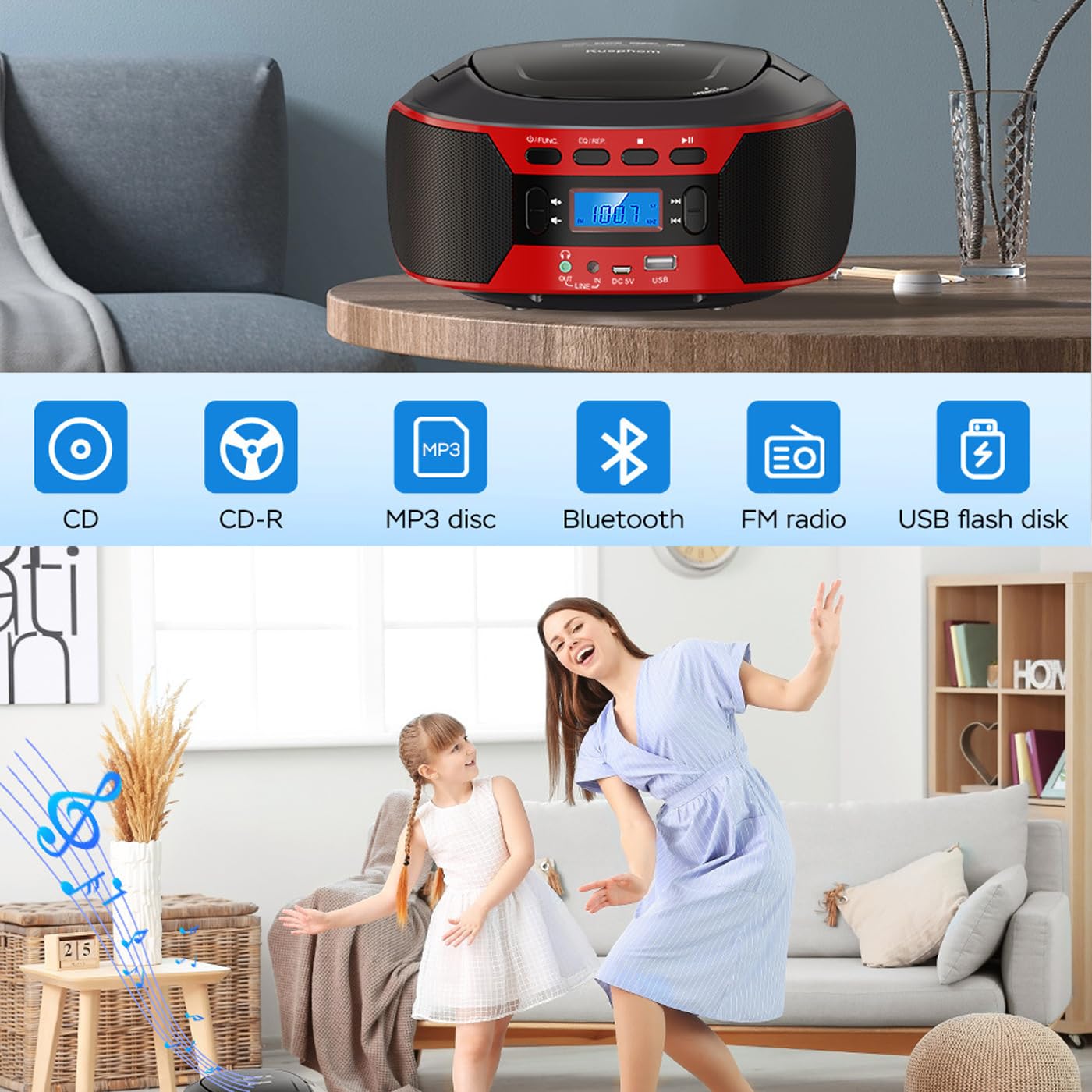 Lettore CD portatile Boombox con Bluetooth, AUX, USB, radio FM, jack per cuffie, uso domestico e esterno, alimentazione a batteria